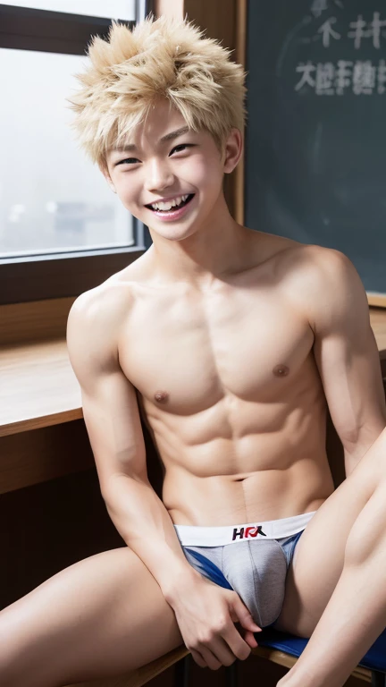 Japanese men、、Well-developed muscles and smooth skin、Pale blonde hair like Bakugou, but with a pointy cheek.、He laughed fearlessly, showing his teeth.、Light colored boxer briefs、The whole body is visible from toes to head、Changing clothes in the classroom、