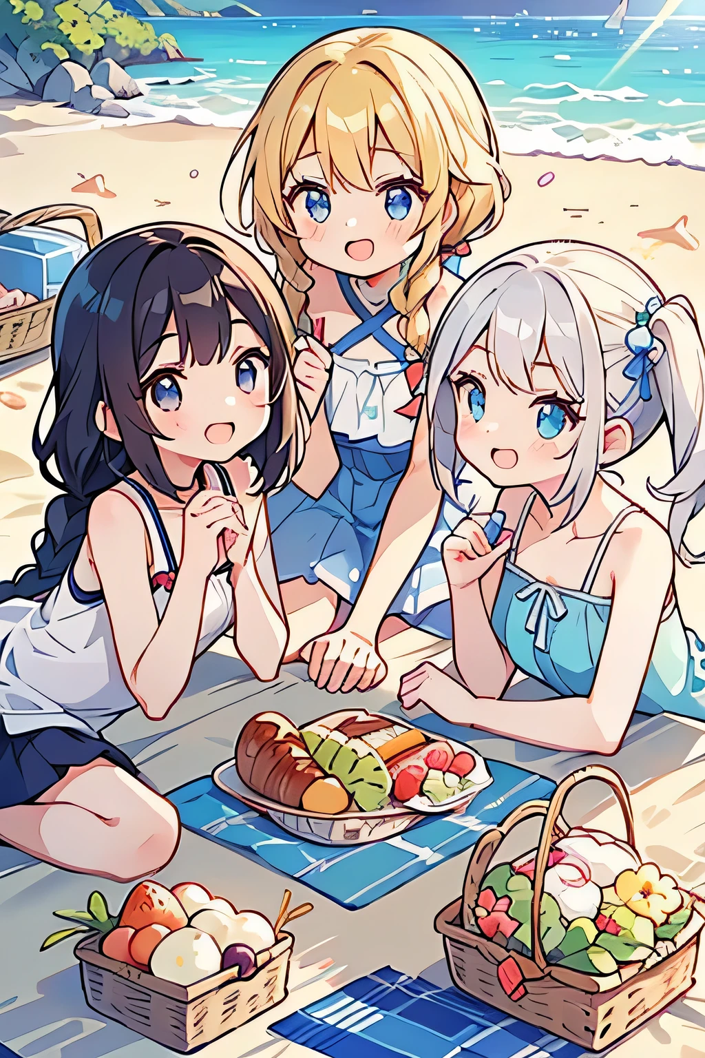 Highest quality、High resolution、Detailed Background、(Beautiful face in every detail:1.4)、Anatomically correct、(Normal number of fingers:1.2)、(Detailed facial expressions)、Detailed eyes、Teenage beauty、Highly detailed face、Light color hair、Braided twin tails、Braided Ponytail、well-groomed eyebrows、A fun atmosphere、A big smile、smile、Full of energy、Under the clear blue sky、A beautiful coastline with white sand、cute gesture、
(Three beautiful girls having a fun beach picnic:1.5)、
They gather on the beach in colorful swimsuits.、
We all divided up the work and spread out the lunch boxes, fruit, drinks, etc. that we had taken out of the big basket.、
They spread out picnic mats and enjoyed a delicious meal while chatting in a lively atmosphere.、
Sing along to the sound of the waves and play with a ball、After having a good time together, everyone seems to be relaxing.、The sight of them relaxing on the sand makes you feel like it's summer.、A picture-like moment from the girls' happy memories、cute