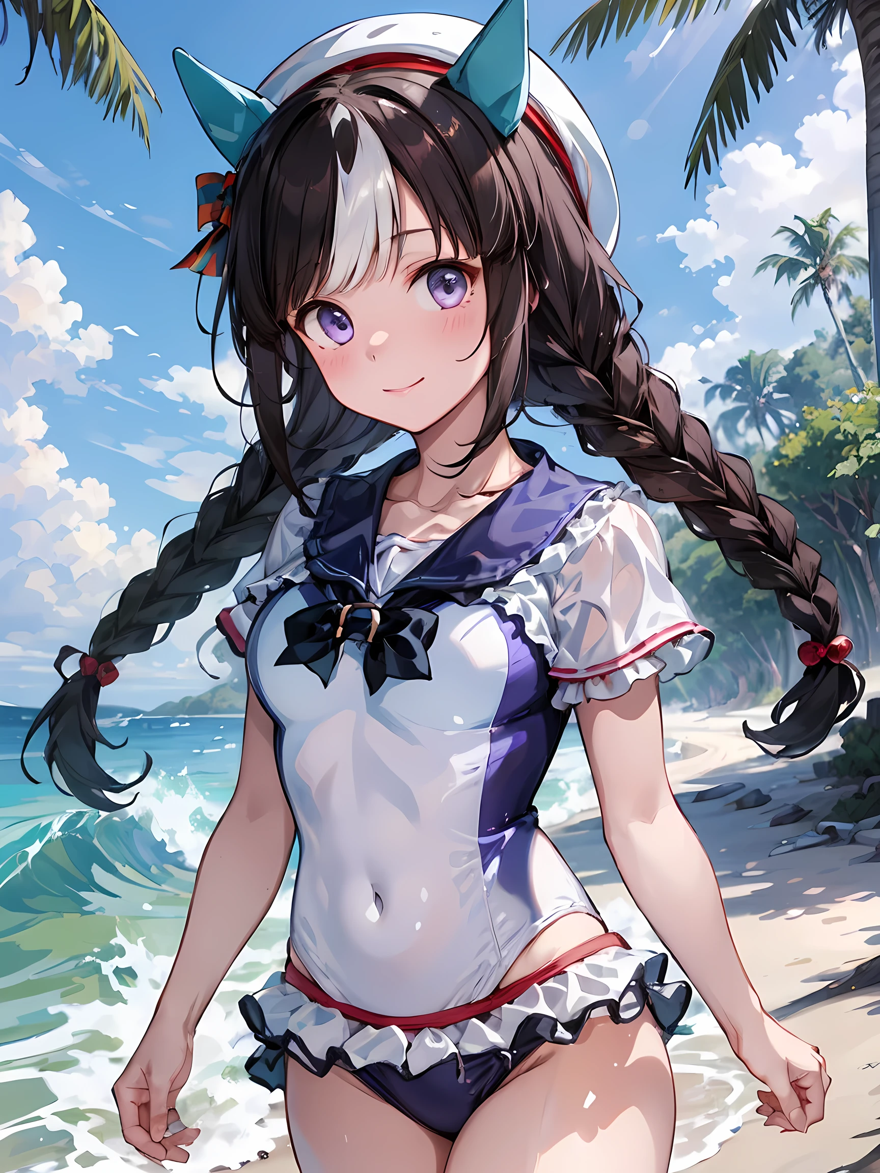 (masterpiece, best quality, perfect face:1.4) looking at viewer , walking, smile, blush, hokko tarumae \(umamusume\), Purple eyes, barefoot, White bikini, (Red frill:1.2), horse taill, (School swimsuit:1.2), cowboy shot, beach, tree, wave, wind