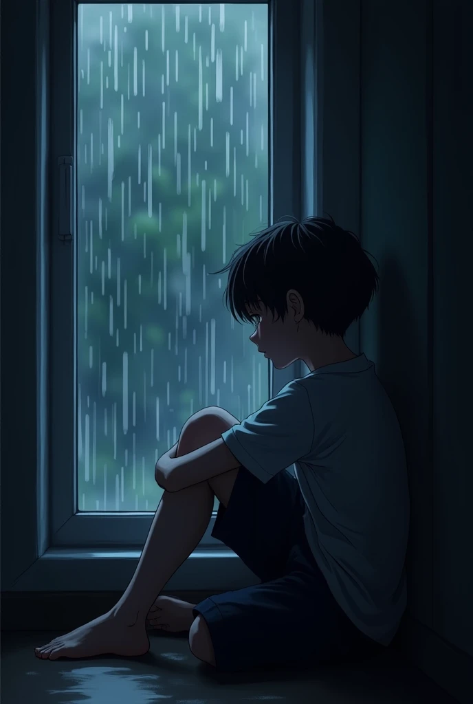 create a anime type image, sad boy sitting beside window , dark light, Shady room, raining outside 