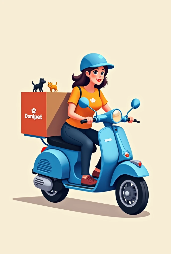 Logo A home delivery woman on a blue pet supermarket motorbike that says domipet