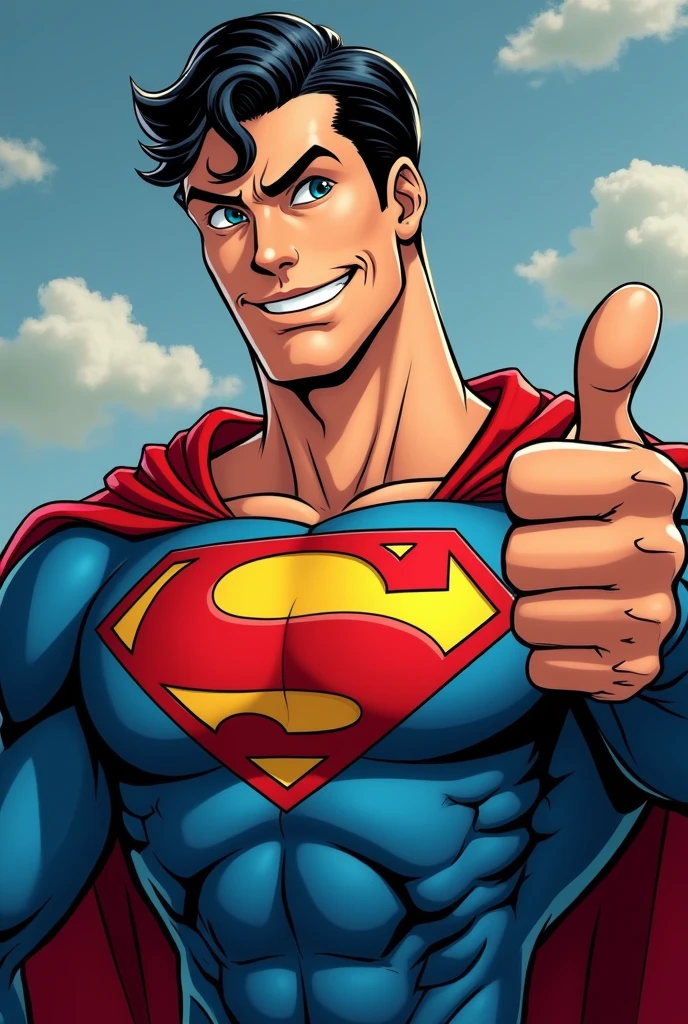 Superman stylized character, comics, Very detailed, 8k,Teeth are visible、smile、Looks like they're having fun、Thumbs up pose、The eyes are winking