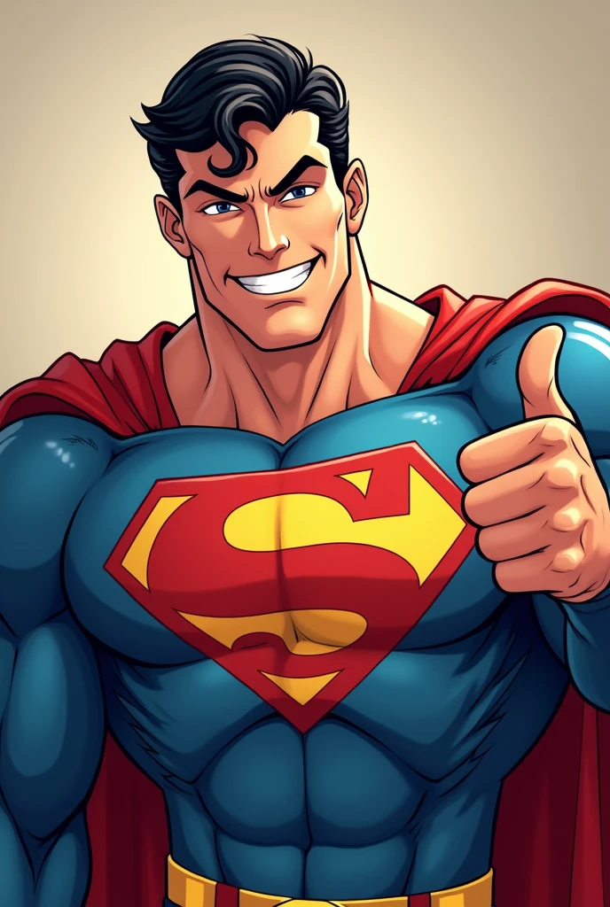 Superman stylized character, comics, Very detailed, 8k,Teeth are visible、smile、Looks like they're having fun、Thumbs up pose、Close your eyes and laugh