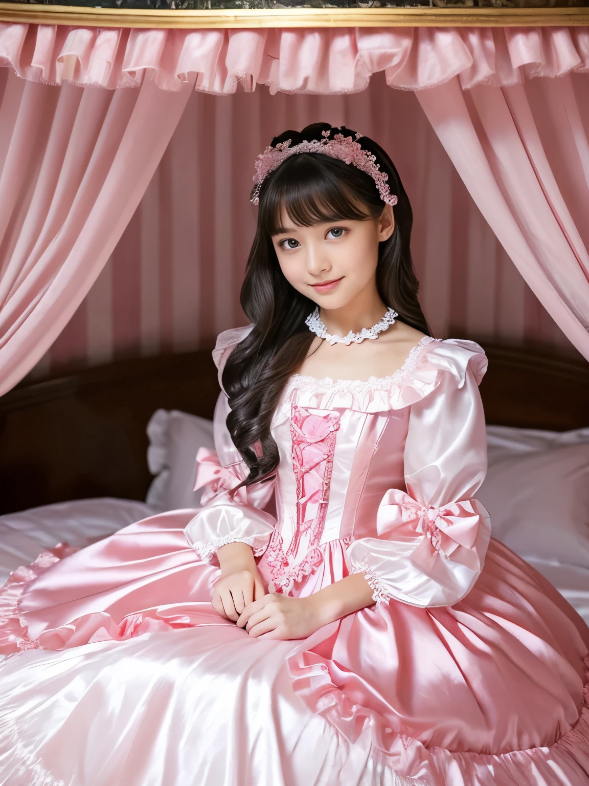 highest quality, masterpiece, highest resolution, artwork, super それにget used to it, many get used to it, get used to it, それにget used to it,(Loli),,the girl is a princess,((girly dark pink satin fabric)), Long hair that reaches to the waist,((A Victorian ballgown dress with plenty of pink ruffles and bows and a voluminous full-length hoop skirt.)),long sleeve,long dress,A dress with lots of frills and ribbons..,luxury,((Palace bedroom)),((Huge square victorian canopy king size bed)),(the girl is sitting on the bed),lots of frilly pillows,ruffle bed skirt,