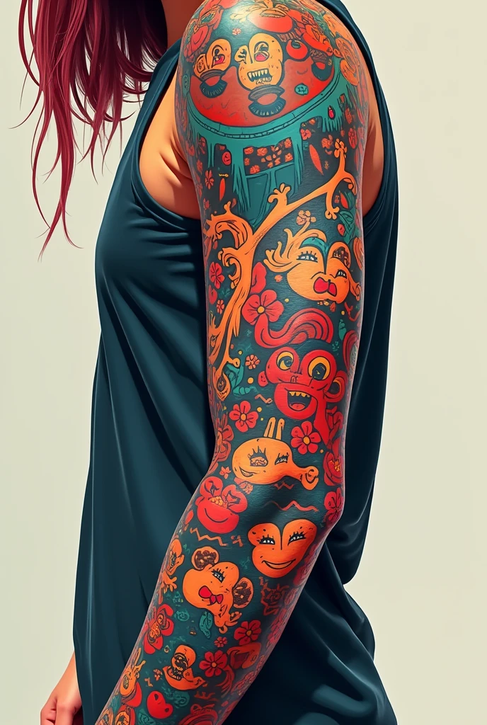 Arm with several new school tattoos