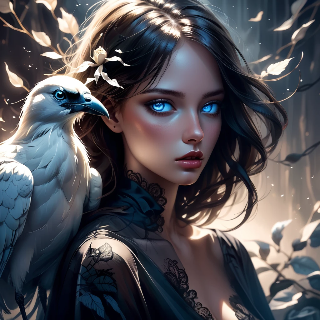 Sensual Illustration Chiaroscuro Illustration Art, By Irina Kapi. Surrealism, Abstraction, Blue-eyed girl with a white crow and a black rose, Super detailed Ohio clothing, Highest quality, masterpiece, Painting, Concept Art, Emotional, Atmospheric, Romantic aesthetics, Represents transformation and the ability to see beyond the surface, Dramatic Light Tips