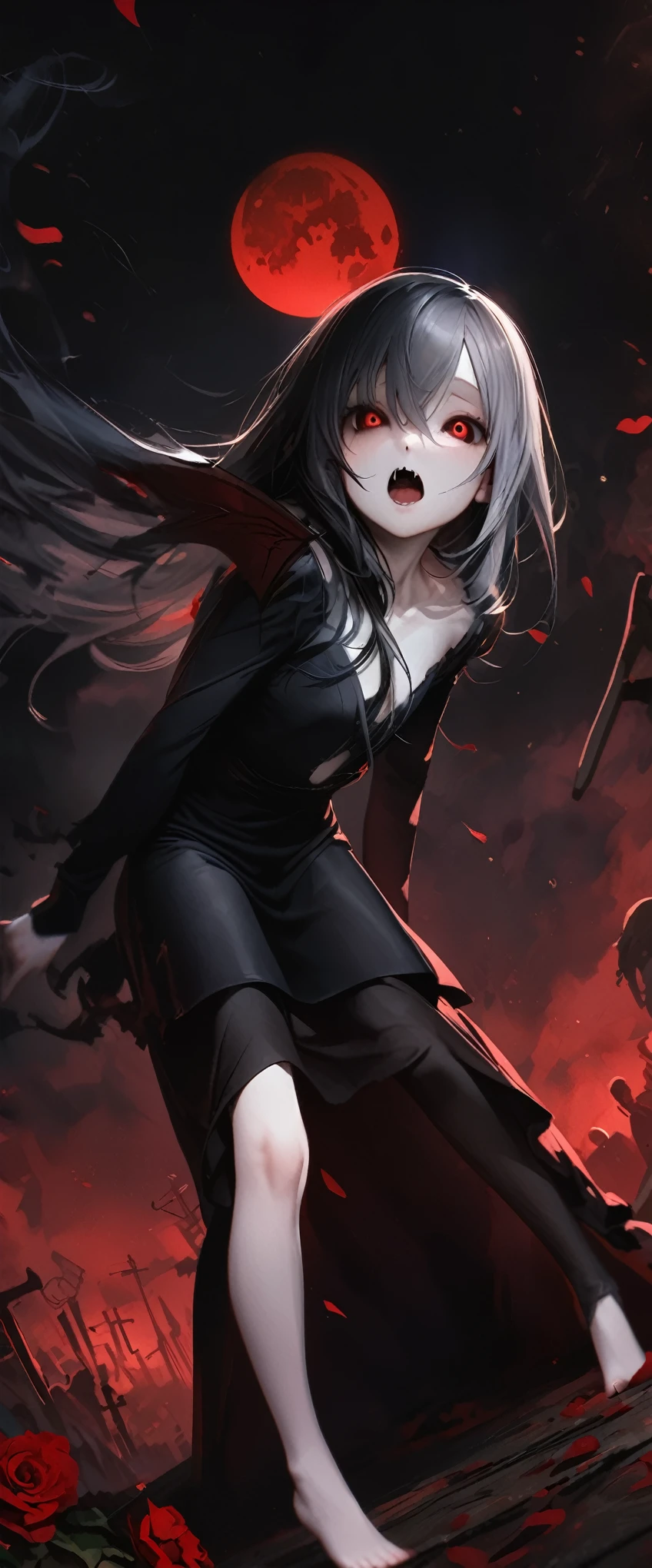 quality\(masterpiece, best quality,8k,wallpaper of extremely detailed CG unit,hight resolution,top-quality,top-quality real texture skin,hyper realisitic,increase the resolution,RAW photos,best qualtiy,highly detailed,the wallpaper\), BREAK ,(1couple\(1vampiress embracing 1victim\):1.5), BREAK ,1vampiress\(1girl,young,teen,10 years old, black hair, long hair,floating hair, beautiful hair, shining hair, (sharp fangs:1.2),open mouth, (black sclera:1.3),red eyes, glowing eyes, big eyes, frilled shirt, gothic cape, gothic frilled skirt, gothic black boots, tall,breast,pale skin,body floating in sky\), BREAK ,1victim\(1girl,small,10 years old,listlessness,weakness,(throwing head back),warped back,silver hair,long hair, hospital gown ,eyes closed,skinny,short,breast,weak,pale skin,silver eyes,bloody neck,bare foot\), BREAK ,background\(grave yard,very dark night, beautiful full moon,red moon, many red roses, thorn (ivy:1.4), rose petals in the sky\),close-up 1couple,(dynamic angle),full body,sad mood, horror mood