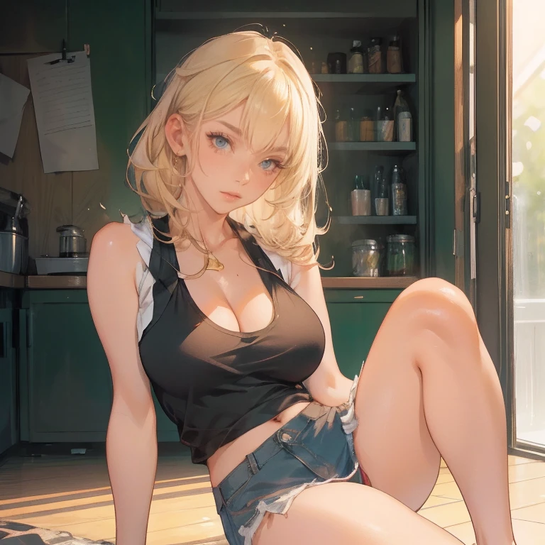 Anime Kawaii sexy Perfect Slim sensual body large breast and huge thighs, An intricate and highly detailed illustration of anime (Young girl) (best qualityer, work of art) ((1 girl)), ((única Woman)), Woman, Thick, big cleavage, Jumpy, hot head, melhorar, skin tanned, ((abdomen)) (darkskin) eyes black, hair blonde, Messy hair, ((((Tank Tops)))), sloppy, sitting on the floor, messy table, empty canned beers, inside a house