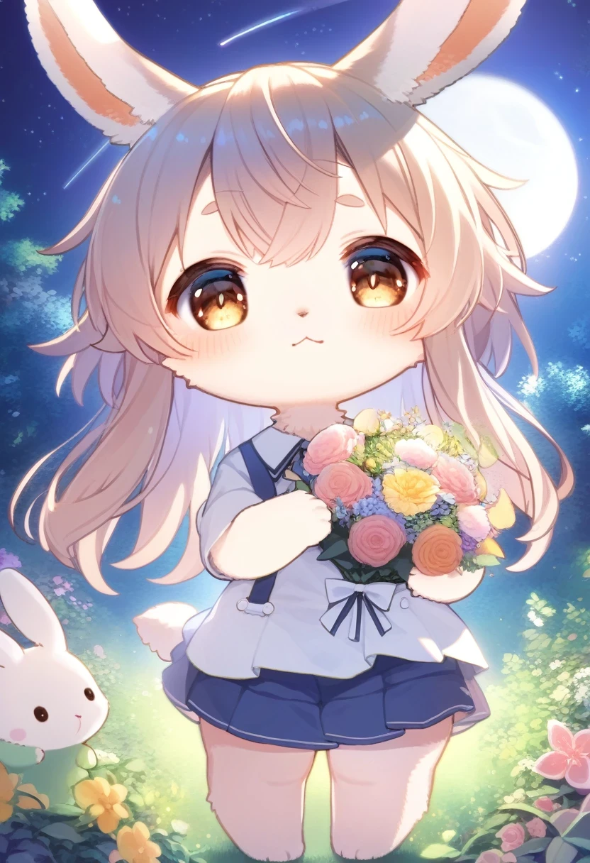 ((Masterpiece)), ((Best Quality)), (Very Detailed), ((Very Detailed)), 4K, (8K), very aesthetic, absurdres highres, 1 girl, (anthropomorphic Rabbit, furry, kemono, chibi,:1.5),  A woman in casual clothes is holding a colorful bouquet of flowers in a garden on a starry summer night. She is standing among the trees illuminated by the moonlight, with a nervous expression on her face. Her eyes are a mixture of anticipation and joy. In the background, a shooting star shines, and the sound of insects echoes in the silence.