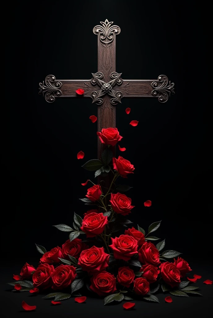 A black background, with a cross with red roses sprouting, not minimalist style