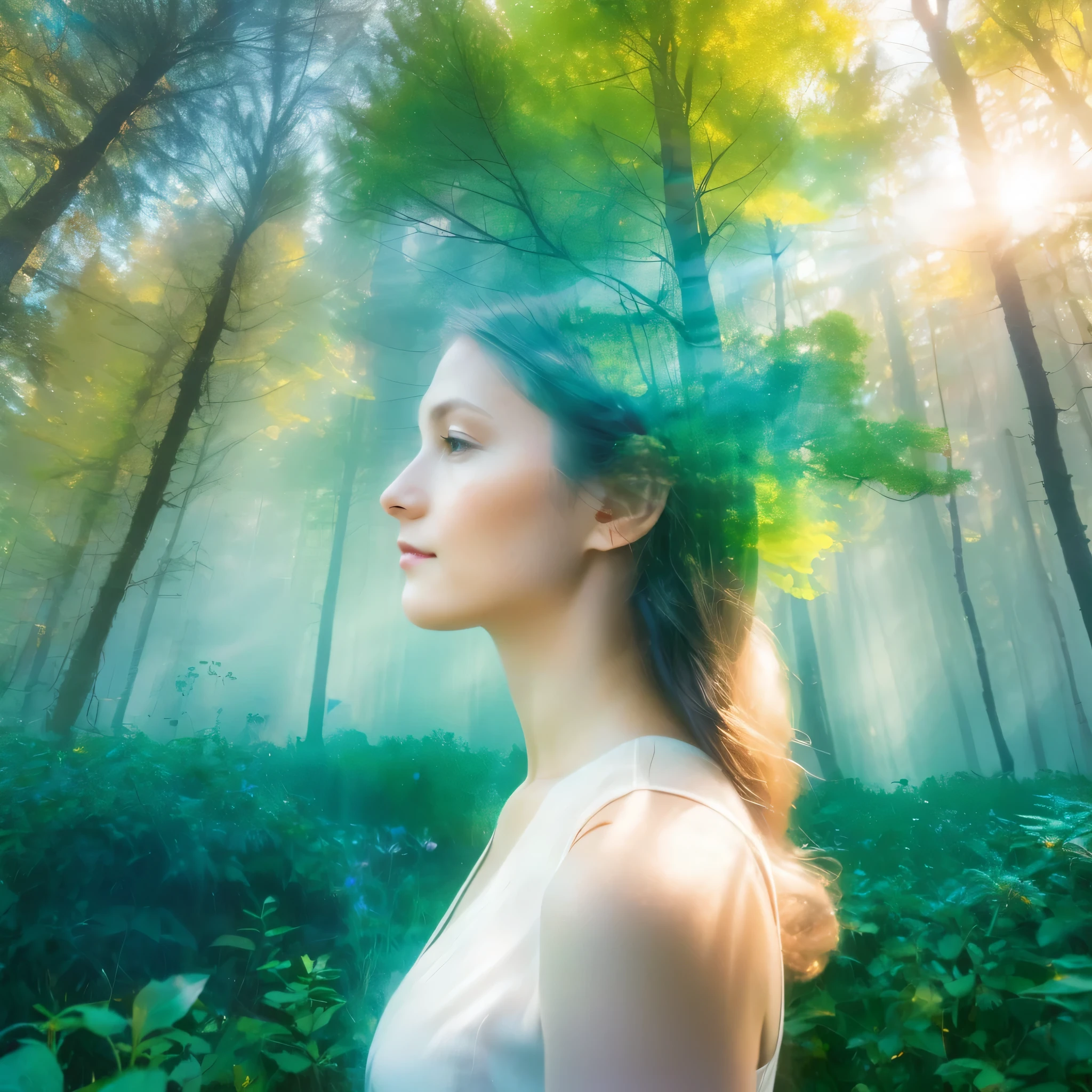 woman, Martin Dietrich style, Double Exposure Photography, Nikon 14-24mm f/2.8G and, Nature Photography, Soft Light 、Colorful images、