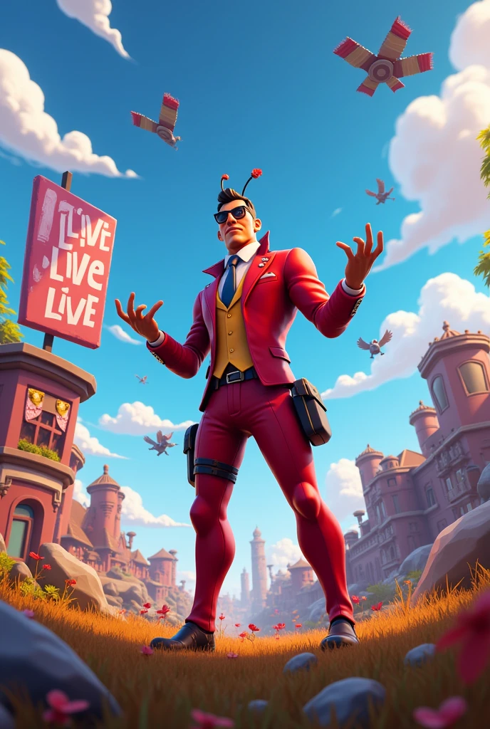 FORTNITE with character chapolin colorado and the word written "live live" video banner
