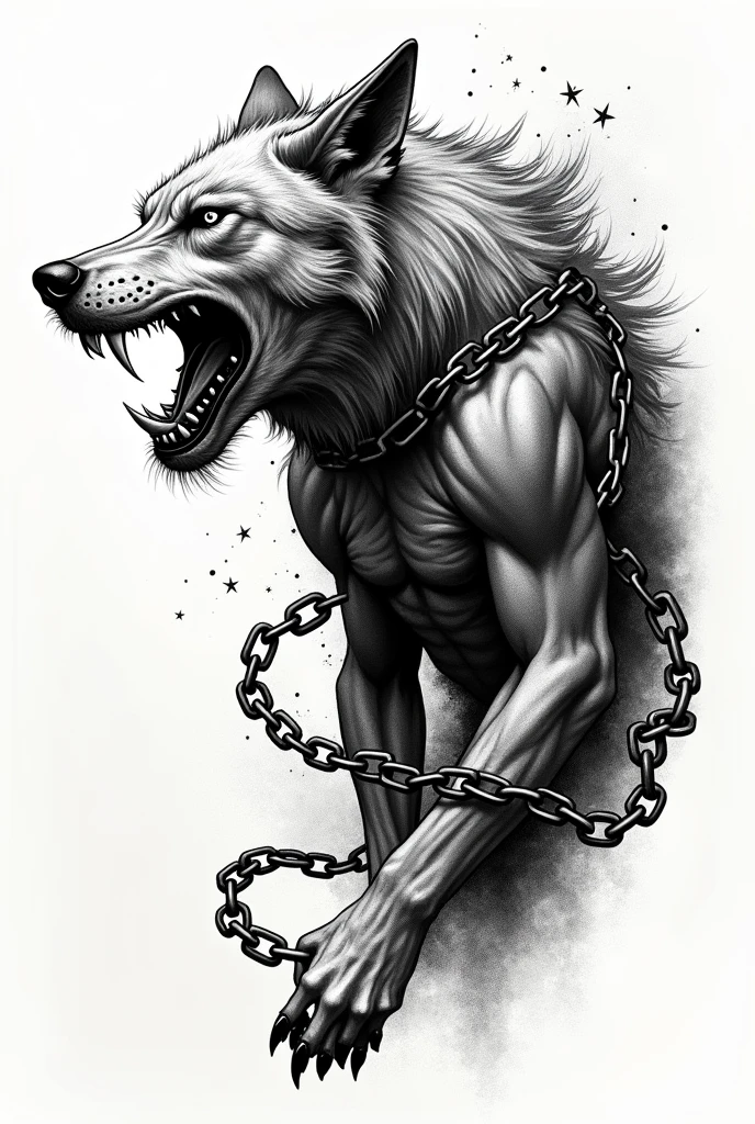 Create a black and white pointillism tattoo of Fenrir on the side with chains