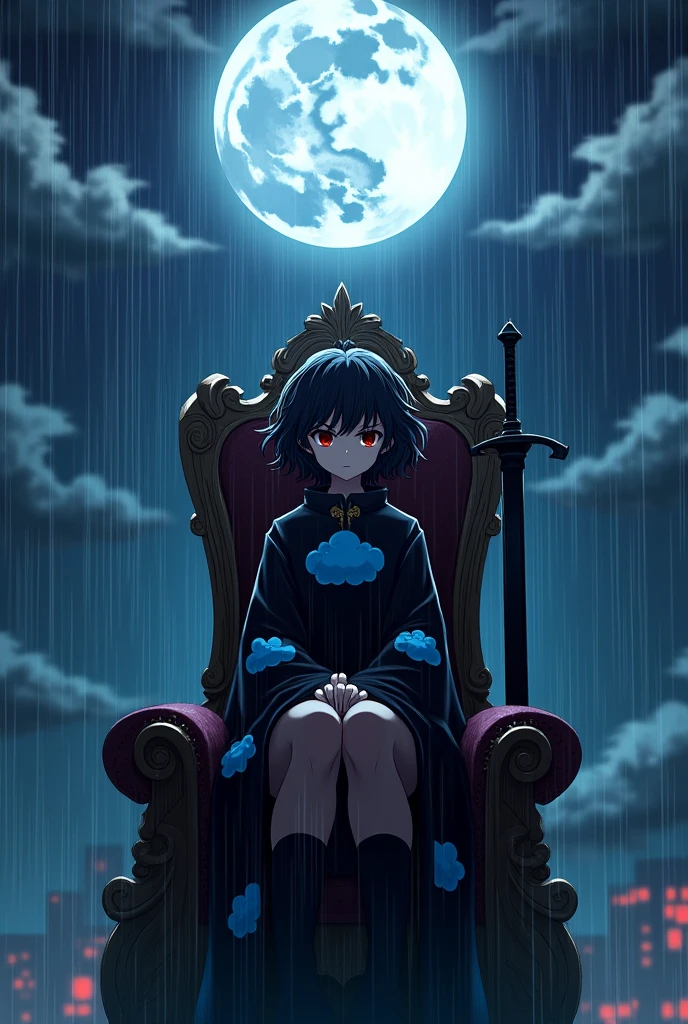 create an image of an anime girl on top of a building sitting in a throne under a full moon and heavy rain, she has short curly hair that hides her ears, a black coat with three blue clouds printed on it, a pair of stockings that cover all her legs and sadistic eyes on her face. she has a long thick black sword by her side
