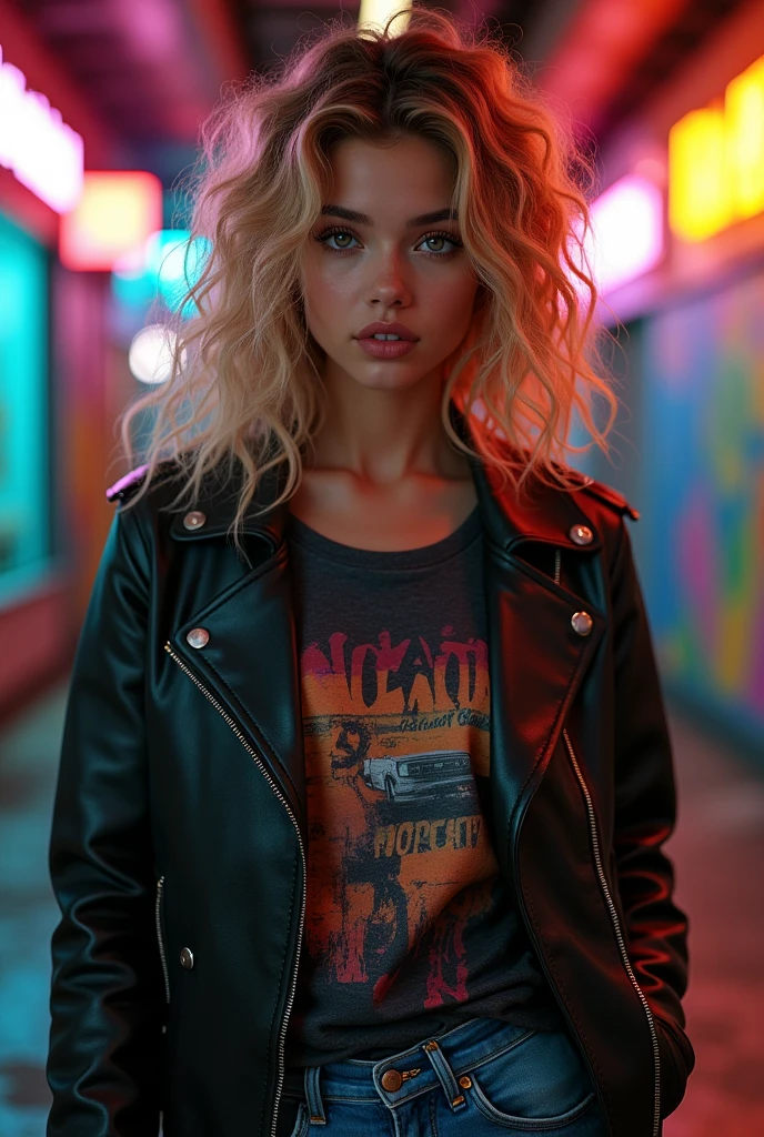 A photo portrait of a beautiful girl with dirty blonde curls, focusing on a face portrait with a 1.5x zoom. She has detailed normal eyes and hyperrealistic features. The background is now a vibrant urban setting, with colorful street art on the walls, giving a lively and modern vibe. She is dressed in a trendy outfit: a fashionable leather jacket over a graphic tee, paired with stylish ripped jeans. The lighting remains dramatic with a Rembrandt lighting scheme, emphasizing the contours of her face and the detailed textures of her outfit and surroundings. The image is shot in 8K UHD quality with a photorealistic approach, captured by a Canon EOS 5D Mark IV.