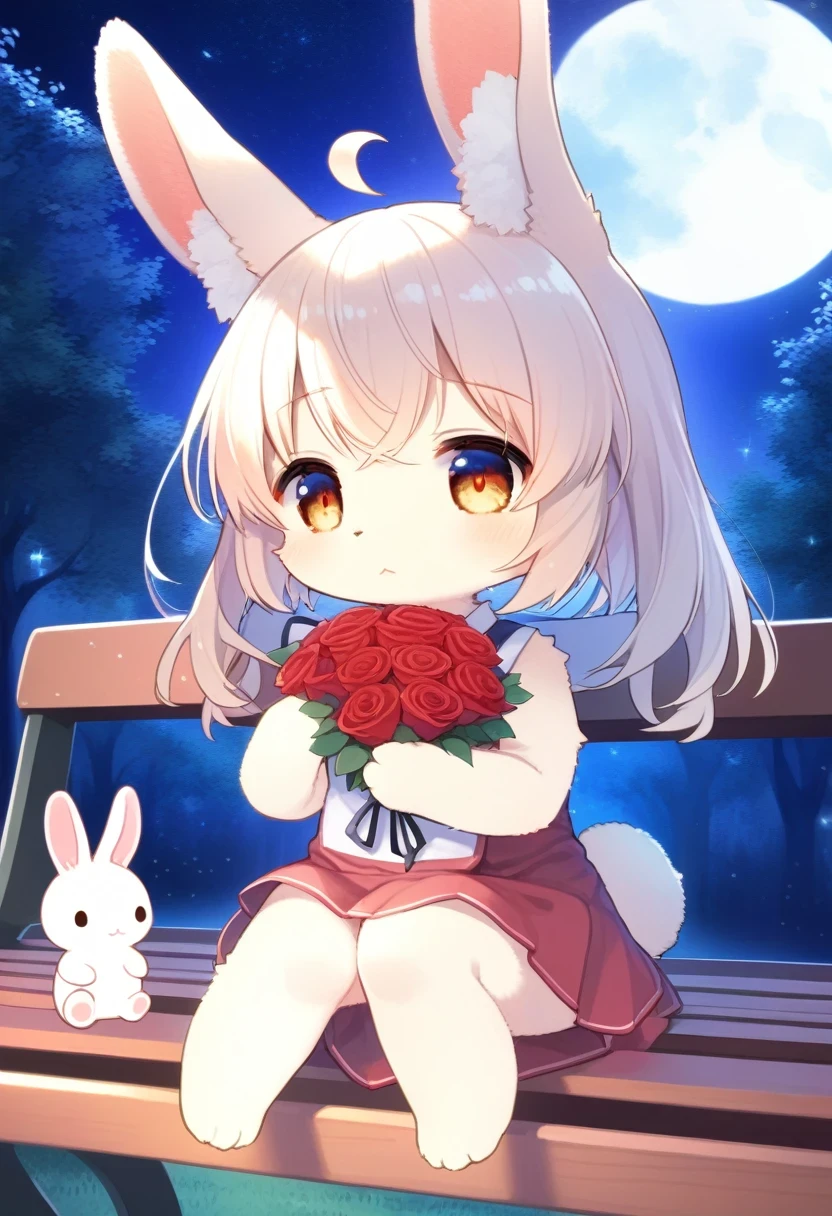 ((Masterpiece)), ((Best Quality)), (Very Detailed), ((Very Detailed)), 4K, (8K), very aesthetic, absurdres highres, 1 girl, (anthropomorphic Rabbit, furry, kemono, chibi,:1.5),  A young woman sits on a park bench on a full moon night. She is holding a bouquet of red roses and waiting for someone with a nervous expression. The moonlight gently illuminates her face, and in the background is a starry night sky. The silhouettes of the trees sway quietly, and the light of street lamps can be seen vaguely in the distance.