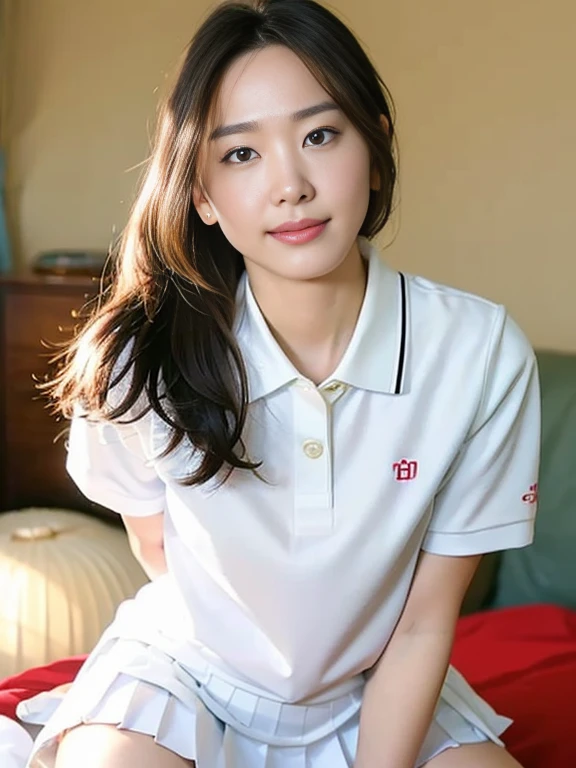 (Masterpiece, Best quality: 1.4), (Ultra realistic, Photo-realistic: 1.2), Full body, (kneeling: 1.3), Looking at viewer, Natural light, 28 years old actress, Japanese women, (arms behind back: 1.2), Neat and clean, ((Wearing white tennis uniform, White polo shirt with collar, Not buttoning the polo shirt, White pleated tennis skirt: 1.2)), (ponytail: 1.2), Light brown hair color, (Beautiful Face), Oval face, clear, (Beautiful eyes, Kind eyes), (Clear skin), Small face, (Small mouth, Beautiful mouth), Natural makeup, Approachable, Hotel Suite room,On bed, Seductive smile, Seductive pose, Beautiful thighs, Bedroom eyes, spread legs,