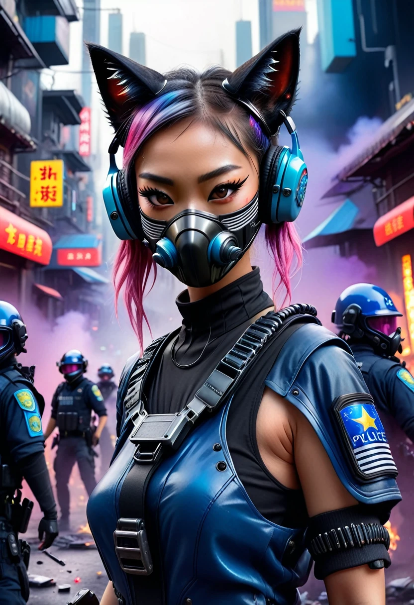 Sci-fi city in the middle of a riot of aliens and rock-throwing humans, bottles and burning cars., asian cyberpunk woman, using police riot gear, Cyberpunk mask, nervous smile, striped hair, striped hair, multicolor fur, mouth mask, gas mask, headphones, behind-the-head headphones, eyes wide open, cat ear headphones, masterpiece, anatomically correct, Super detail, Best Quality, High resolution, High Definition, Using handcuffs to lock up an alien troublemaker with a beaten look