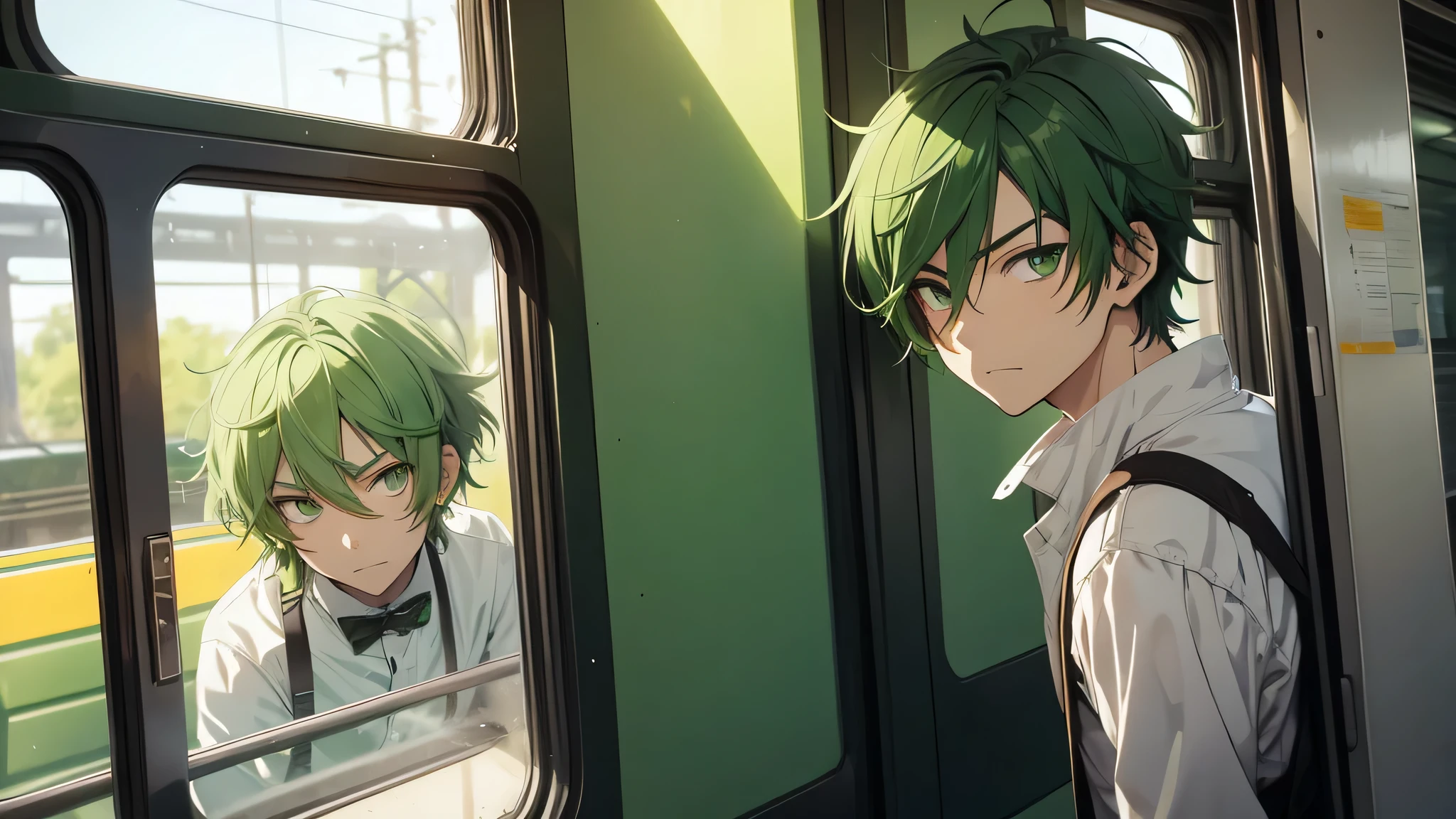 Anime male, short green hair, green eyes, not smiling, sideways, looking out the train window.