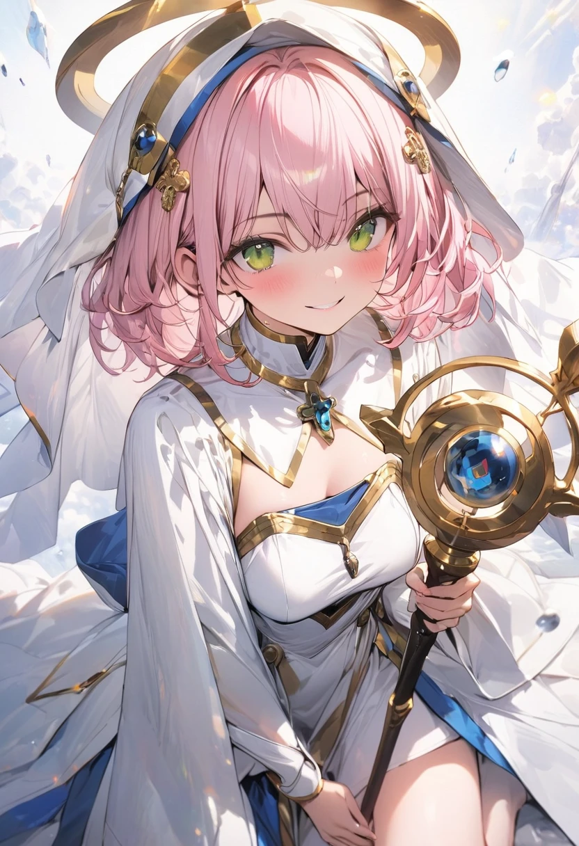 (masterpiece),(best quality),(ultra-detailed),(best illustration),(best shadow),(absurdres),(detailed background),(very aesthetic), priestess, short hair,curly bob cut, detailed skin, pink hair, green eyes, perfect face, White dress, gold_ornaments, ((Staff)), ((short breasts)), smiling, veil, 1girl, legs exposed, strikes, Perfect face, add_detail:1, add_detail:0, add_detail:0.5,
