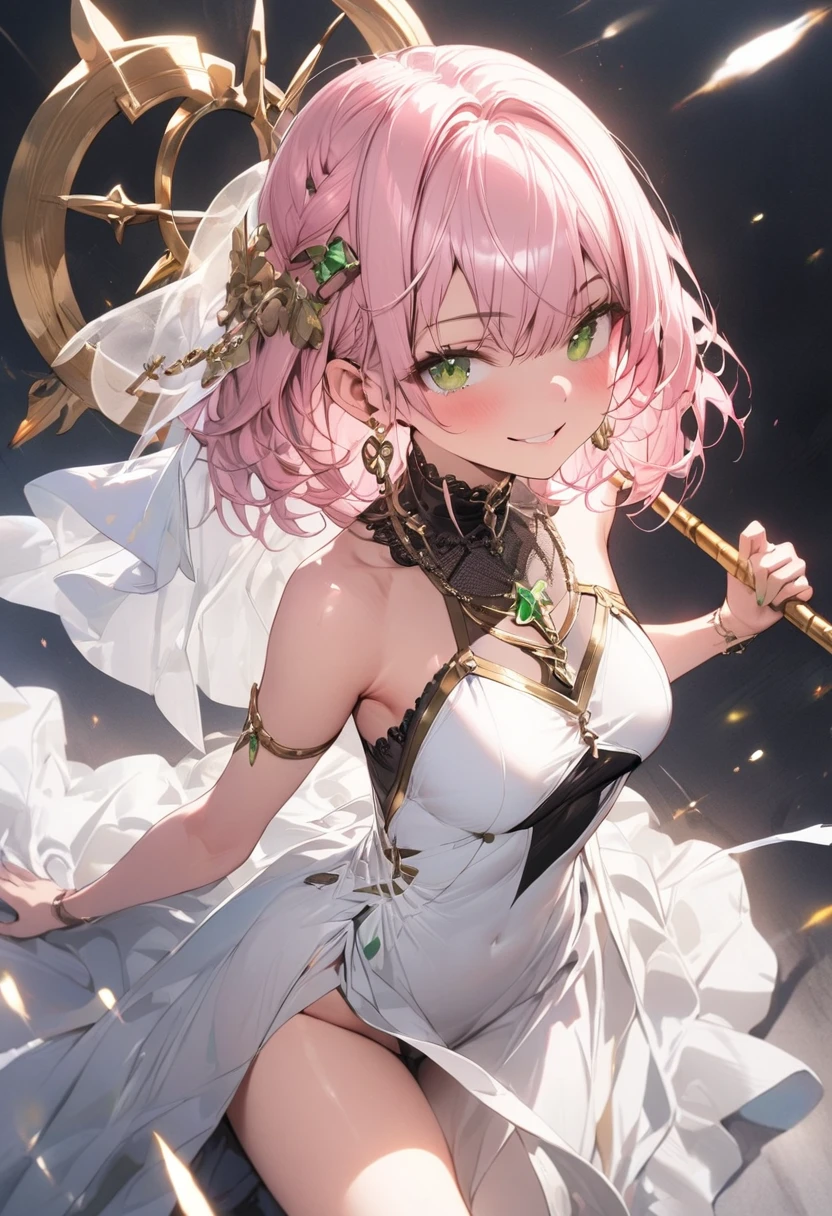 (masterpiece),(best quality),(ultra-detailed),(best illustration),(best shadow),(absurdres),(detailed background),(very aesthetic), priestess, short hair,curly bob cut, detailed skin, pink hair, green eyes, perfect face, White dress, gold_ornaments, ((Staff)), ((short breasts)), smiling, veil, 1girl, legs exposed, strikes, Perfect face, add_detail:1, add_detail:0, add_detail:0.5,