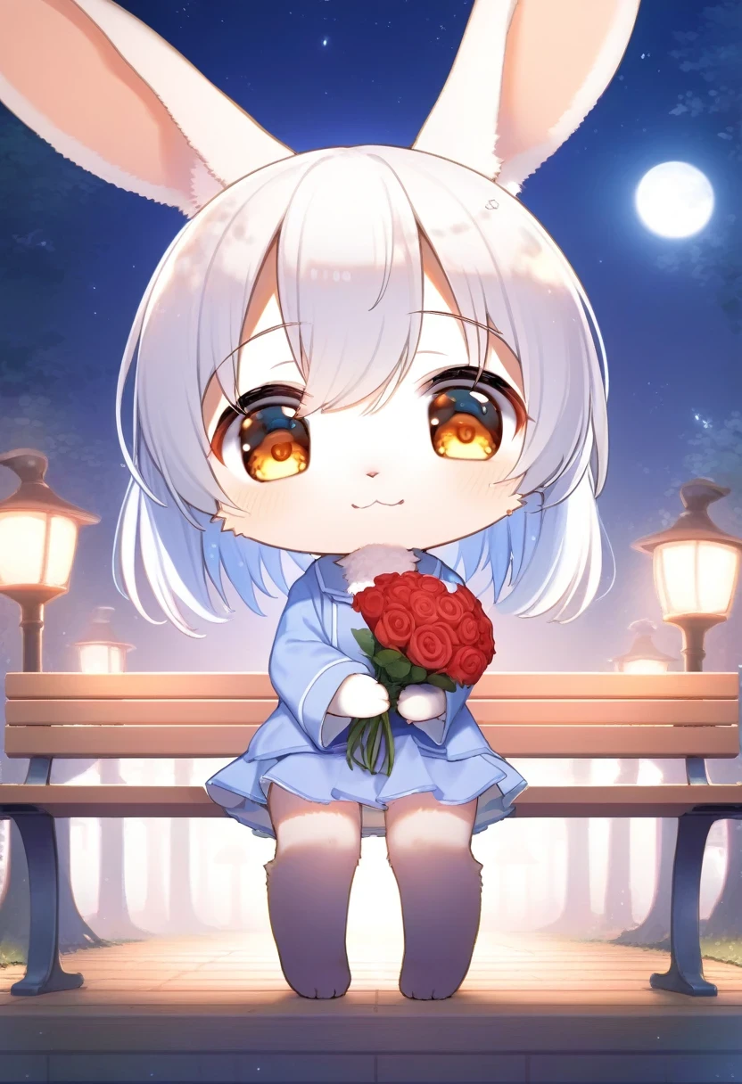 ((Masterpiece)), ((Best Quality)), (Very Detailed), ((Very Detailed)), 4K, (8K), very aesthetic, absurdres highres, 1 girl, (anthropomorphic Rabbit, furry, kemono, chibi,:1.5), A young woman sits on a park bench on a full moon night. She is holding a bouquet of red roses and waiting for someone with a nervous expression. The moonlight gently illuminates her face, and in the background is a starry night sky. The silhouettes of the trees sway quietly, and the light of street lamps can be seen vaguely in the distance.