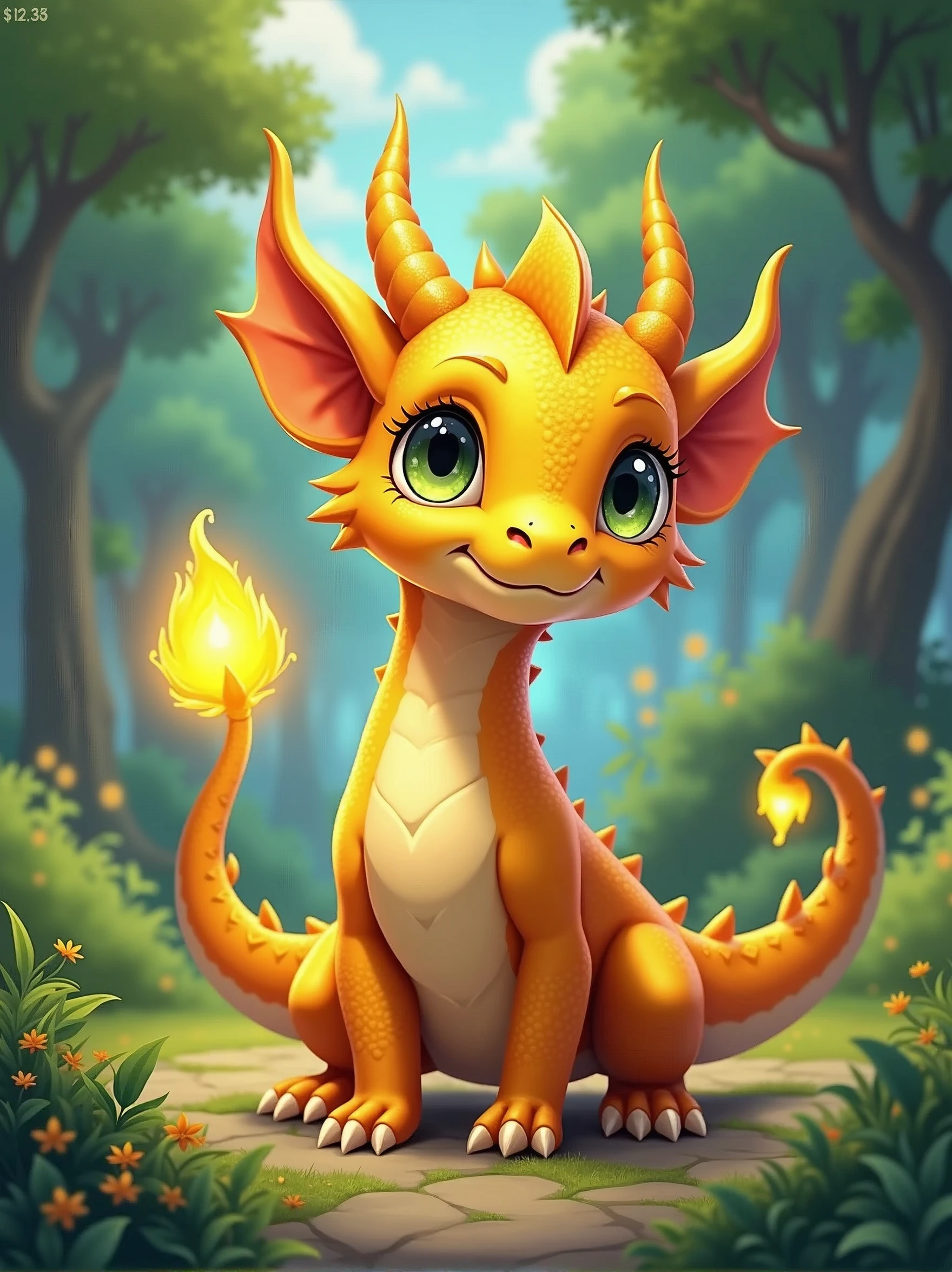 Imagine an enchanted kingdom called Draconia, where magic and nature are in perfect harmony. In the center of this kingdom, there is a small dragon called Aurus. Aurus is different from other dragons: its scales are a radiant gold that shines brightly in the sunlight, creating a dazzling effect. It has large, curious eyes and a small crest that shines with the same golden glow. with cartoon style, drawn, and colored