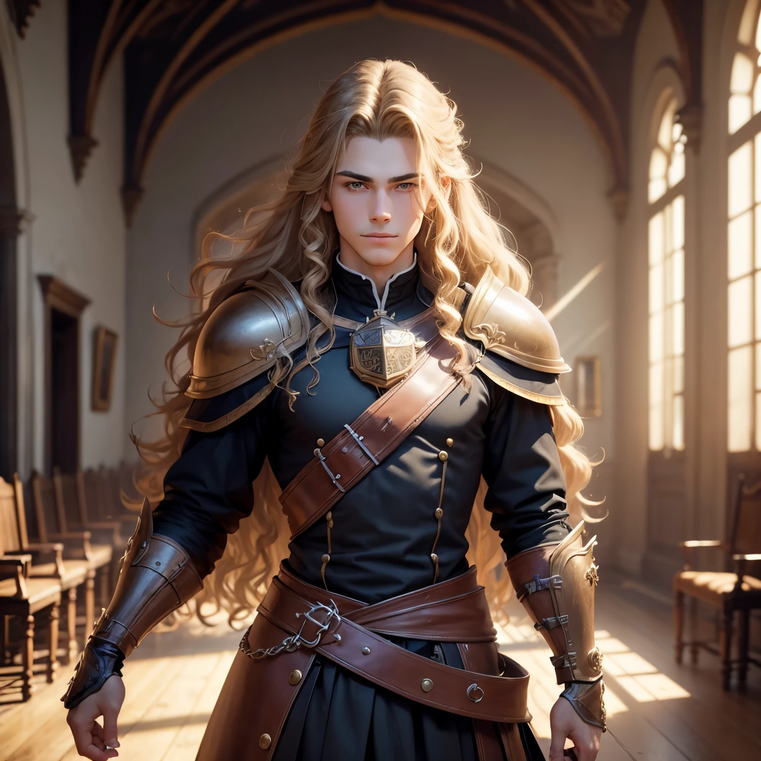 ((best qualityer)), ((work of art)), (detailded), 8k, 4K, hight contrast, work of art, Meticulous attention to facial features and hair strands, young man, an adventurous man with long curly blond hair,black mantle,layer , Arms crossed pose ,battle costume ,slightly-smile,in the background a castle hall ,clear lighting, detailed shadows