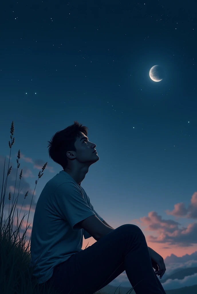 Young man staring at the stars sitting alone