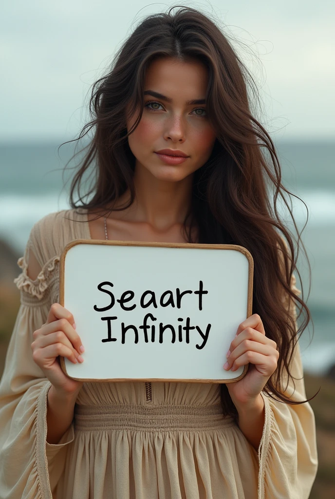 Beautiful girl with wavy long hair, bohemian dress, holding a white board with text "I Love Seaart Infinity" and showing it to the viewer