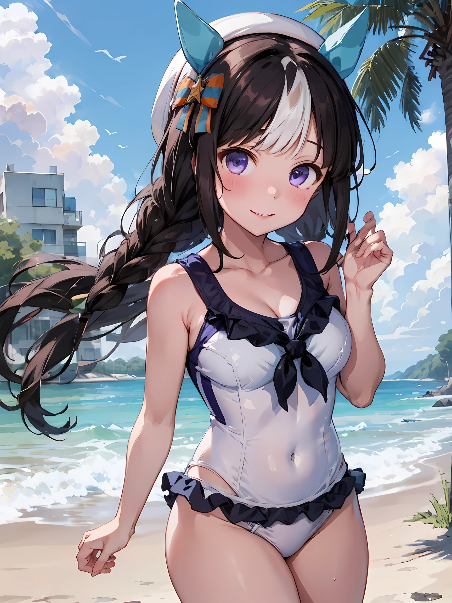 (masterpiece, best quality, perfect face:1.4) looking at viewer , walking, smile, blush, hokko tarumae \(umamusume\), Purple eyes, barefoot, White bikini, (Red frill:1.2), horse taill, (School swimsuit:1.2), cowboy shot, beach, tree, wave, wind