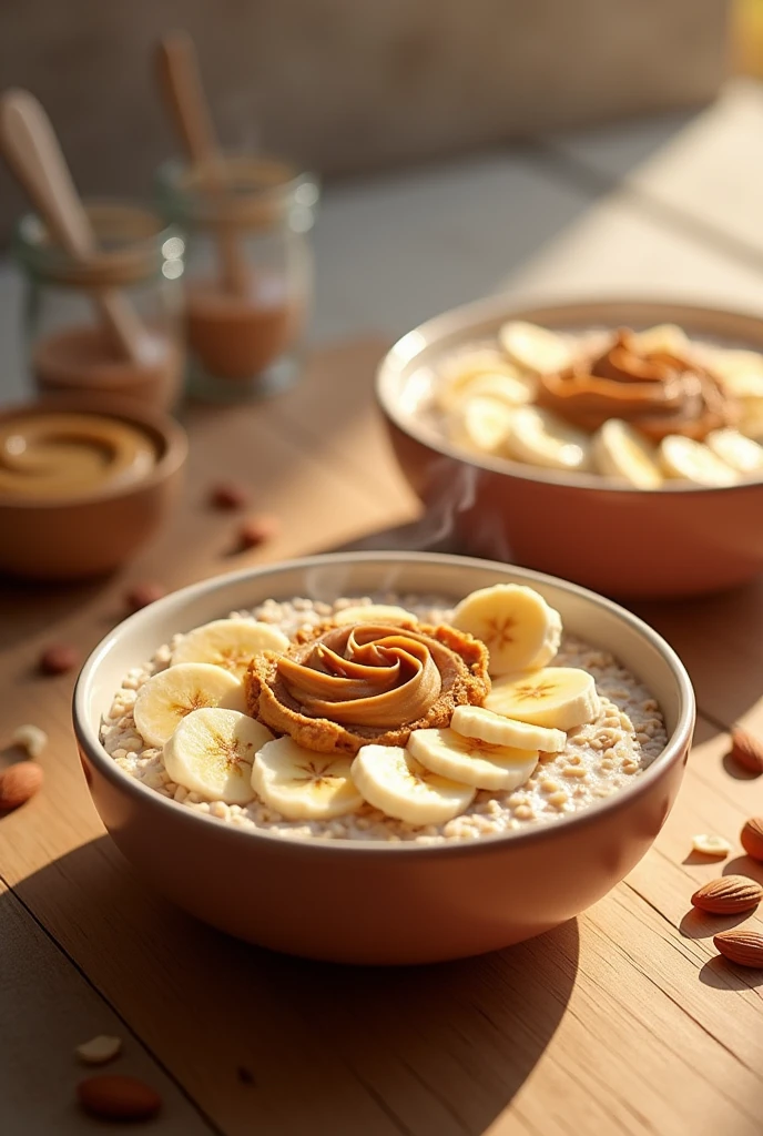 Coffee bowls with oatmeal and toppings of sliced banana, sliced almonds online and peanut butter online