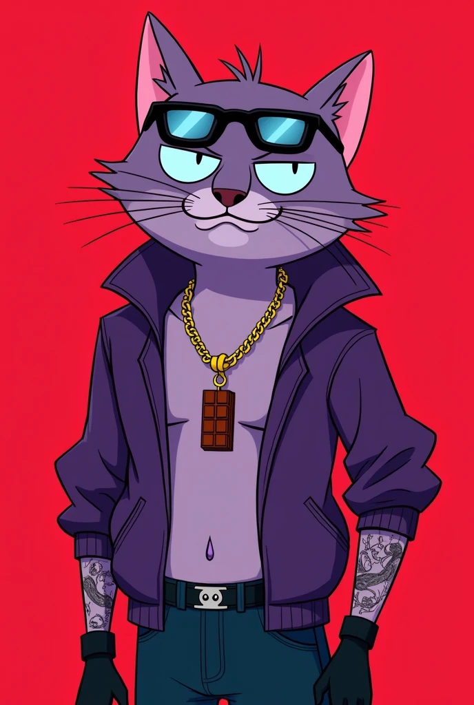 create a male purple humanoid cat, wearing an open purple sweatshirt, no shirt underneath, with a gold necklace with a print of a chocolate bar, black gloves, dark glasses on his forehead and black shorts, light blue eyes married and crazy looking with red background, he has some tattoos on his body, The art style should be Cartoon Adventure Time style