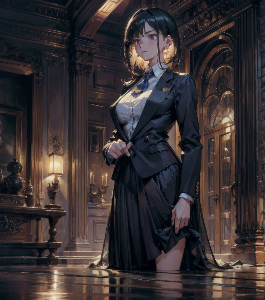 absurdres, RAW photo, extremely delicate and beautiful, masterpiece, Best Quality, ultra high resolution, 32k, hyper realistic, ultra-detailed, Very detailed CG 8k wallpaper, detailed background, landscape, Beautiful Lighting, Perfect Lightning, Realistic Shadows, perfect anatomy, anatomically correct, ideal ratio body proportions, perfect figure, Perfect Style, Perfect balance, super Detailed skin, in her 10s, very Slim body, narrow waist, very small head, very small face, delicate facial features, handsome detailed woman, very detailed eyes and face, realistic face proportions, Realistic beautiful face, Realistic beautiful eyes, tearful mole, earring, whole body shot, (very huge round tits), medium short hair, asymmetrical hair, wavy hair, business suit, blazer, (blouse), skirt,