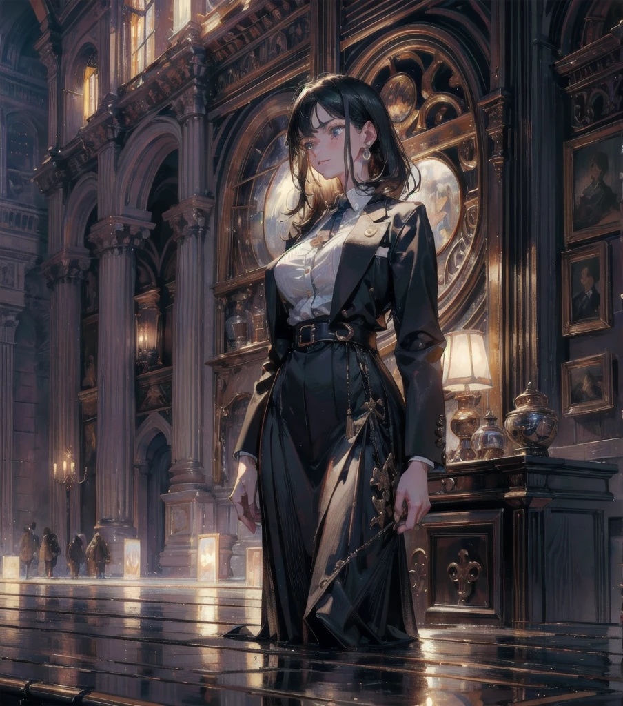 absurdres, RAW photo, extremely delicate and beautiful, masterpiece, Best Quality, ultra high resolution, 32k, hyper realistic, ultra-detailed, Very detailed CG 8k wallpaper, detailed background, landscape, Beautiful Lighting, Perfect Lightning, Realistic Shadows, perfect anatomy, anatomically correct, ideal ratio body proportions, perfect figure, Perfect Style, Perfect balance, super Detailed skin, in her 10s, very Slim body, narrow waist, very small head, very small face, delicate facial features, handsome detailed woman, very detailed eyes and face, realistic face proportions, Realistic beautiful face, Realistic beautiful eyes, tearful mole, earring, whole body shot, (very huge round tits), medium short hair, asymmetrical hair, wavy hair, business suit, blazer, (blouse), skirt,