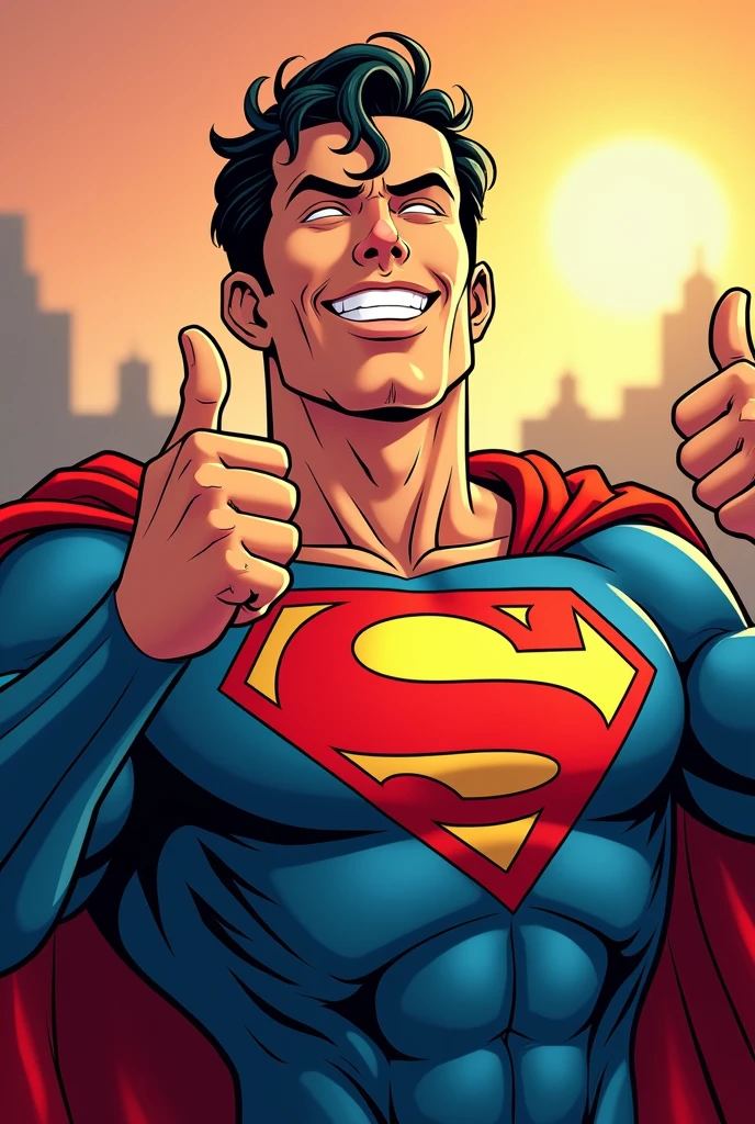 Superman stylized character, comics, Very detailed, 8k,Teeth are visible、smile、Looks like they're having fun、Laugh at the over-reaction、Thumbs up pose、Close your eyes and laugh