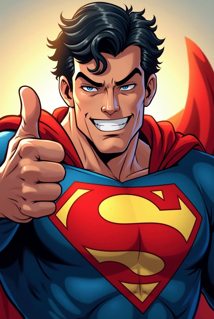 Superman stylized character, comics, Very detailed, 8k,Teeth are visible、smile、Looks like they're having fun、Laugh at the over-reaction、Thumbs up pose、Close your eyes and laugh