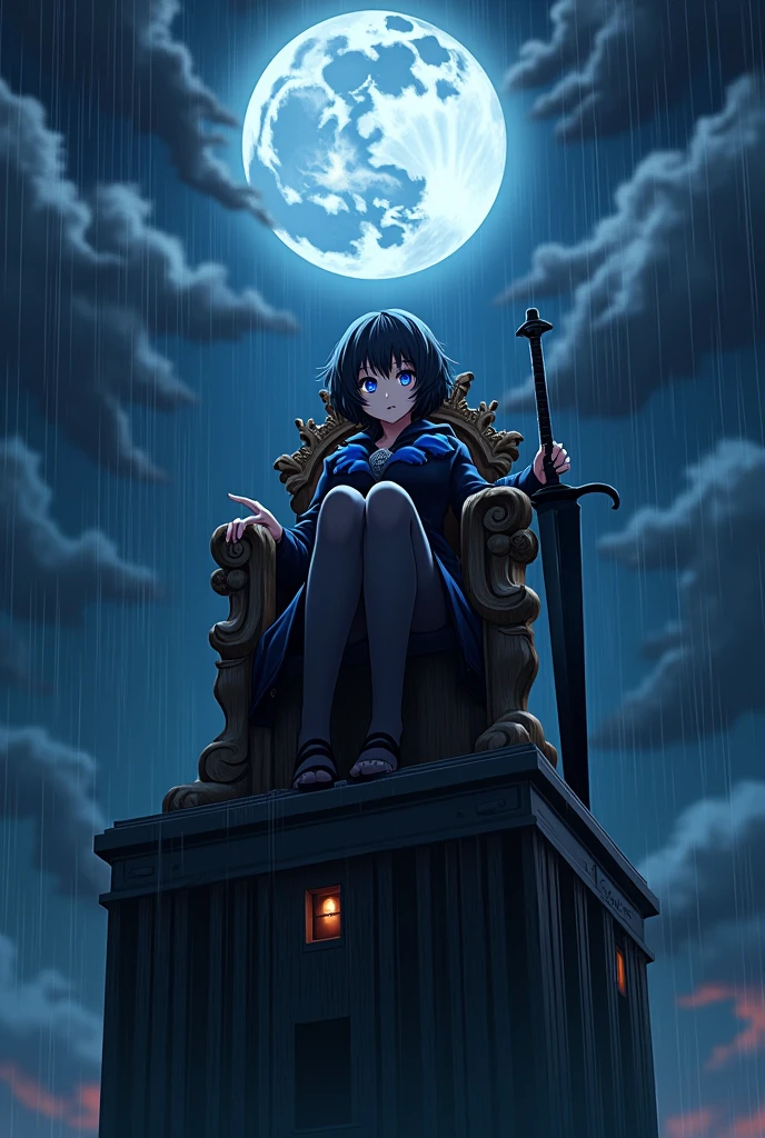 create an image of an anime girl on top of a building sitting in a throne under a full moon and heavy rain, she has short curly hair that hides her ears, a black coat with three blue clouds printed on it, a pair of stockings that cover all her legs and sadistic blue eyes on her face. she has a long thick black sword by her side