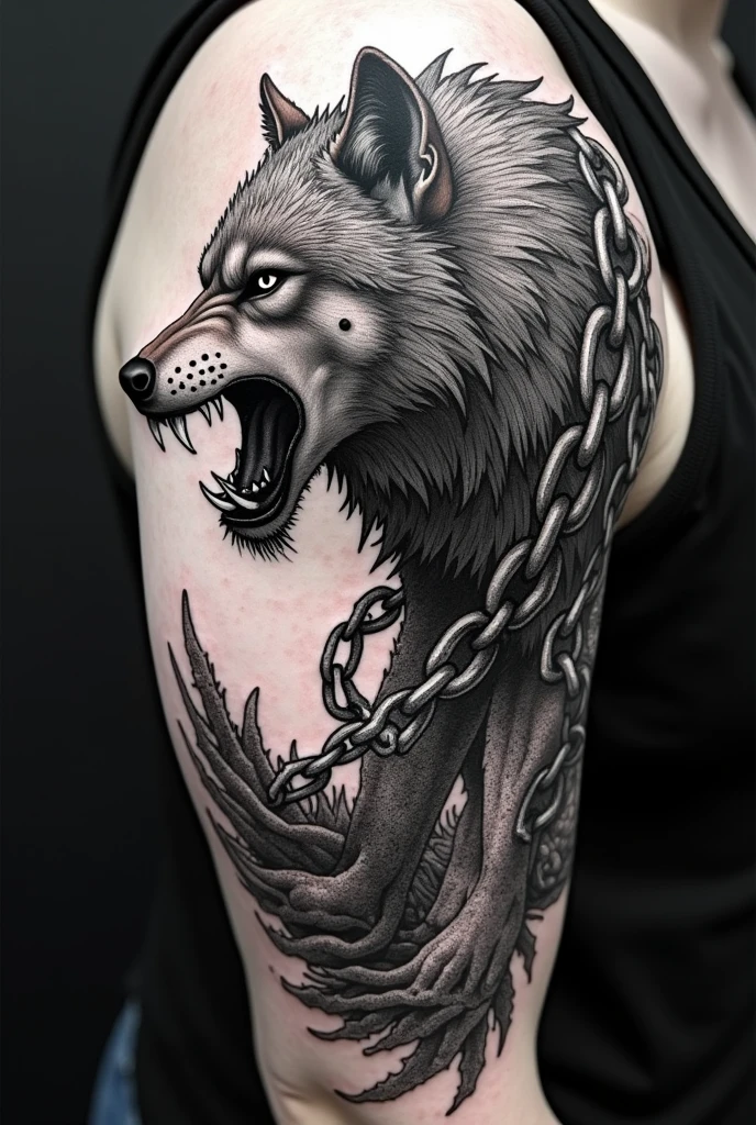 Create a black and white pointillism tattoo of Fenrir on the side with chains