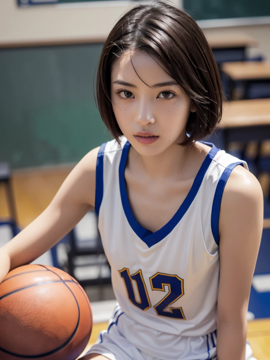 (masterpiece:1.2), Very detailed, Ultra-high resolution, (Realistic, photo Realistic:1.6), High-resolution RAW color photos, Professional photos, Sharp focus:1.2, (Very detailed顔と肌の質感, Very beautiful eyes, Glossのある肌, Glowing Skin, Glowing Skin, Shining Face, Gloss, Oily skin, greasy face, Oily skin, greasy face,),, (real Glossのある肌 texture), Perfect Anatomy, Very detailed背景,(High school classroom),((1 female)),25-year-old woman, Japanese women,height: 168cm,(short hair, Straight hair, bangs, Brown Hair),(Flat Chest:1.6),(Sweaty body:1.4),(Slim, thin legs), (((sleeveless white basketball uniform、Sexy T Panties))),(Sit at a desk)