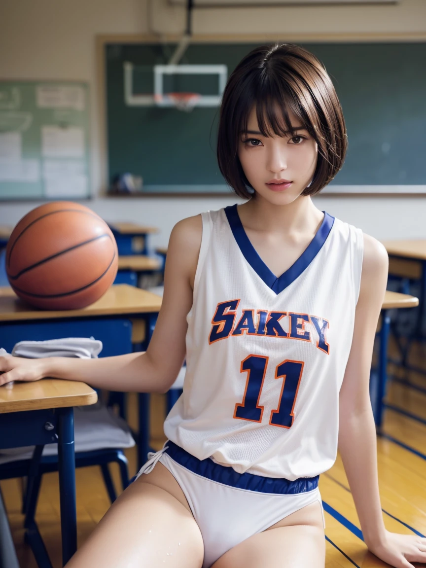 (masterpiece:1.2), Very detailed, Ultra-high resolution, (Realistic, photo Realistic:1.6), High-resolution RAW color photos, Professional photos, Sharp focus:1.2, (Very detailed顔と肌の質感, Very beautiful eyes, Glossのある肌, Glowing Skin, Glowing Skin, Shining Face, Gloss, Oily skin, greasy face, Oily skin, greasy face,),, (real Glossのある肌 texture), Perfect Anatomy, Very detailed背景,(High school classroom),((1 female)),25-year-old woman, Japanese women,height: 168cm,(short hair, Straight hair, bangs, Brown Hair),(Flat Chest:1.6),(Sweaty body:1.4),(Slim, thin legs), (((sleeveless white basketball uniform、Sexy T Panties))),(Sit at a desk)