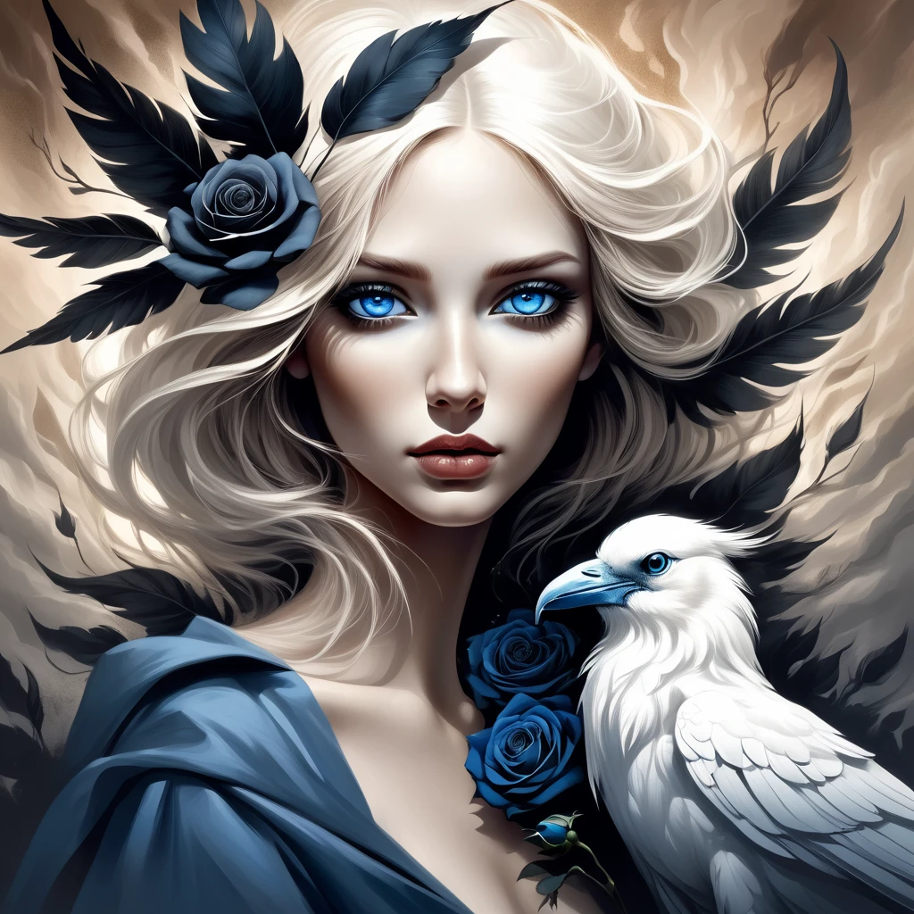 Sensual Illustration Chiaroscuro Illustration Art, By Irina Kapi. Surrealism, Abstraction, Blue-eyed girl with a white crow and a black rose, Super detailed Ohio clothing, Highest quality, masterpiece, Painting, Concept Art, Emotional, Atmospheric, Romantic aesthetics, Represents transformation and the ability to see beyond the surface, Dramatic Light Tips