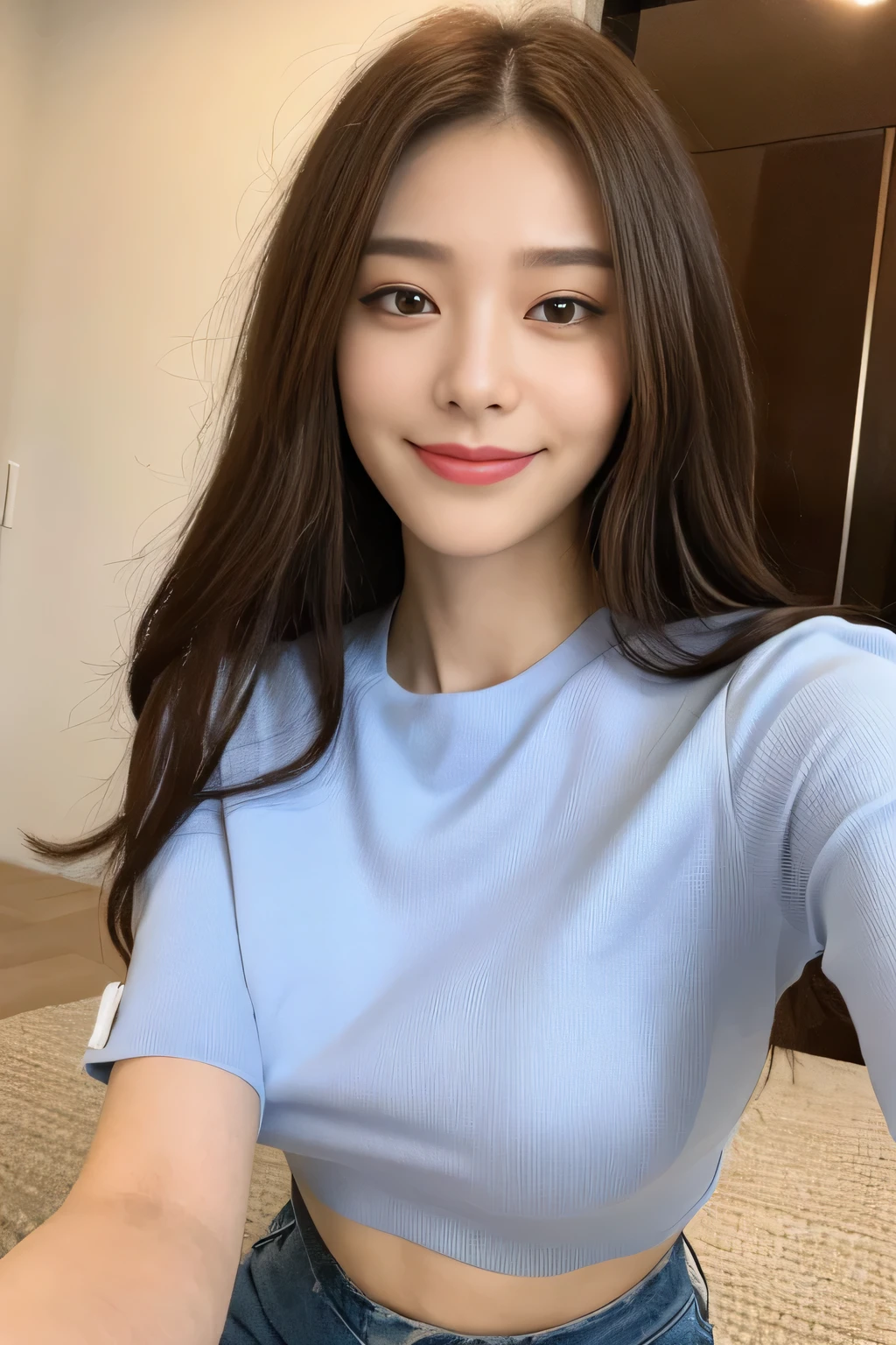 seed:2020674263.((Full body angle:1.1)).((Highest quality, 8k, masterpiece:1.3)), ((from below:1.1)).concentrated:1.2, Perfect body beauty:1.4, Hips:1.2, ((Delicate Hair)), (Vibrant color block short sleeve crop top for women,Shorts :1.1) , ((Highest quality、8k、masterpiece:1.3))、1 Girl、A sloppy smile、Esbian all over body、Slim face、Big Boobs、Beautiful woman、(Dark Brown Hair)、Long Hair、1.1、Flickering Valley、Detailed eyes、double eyelid、Blurred Background、超Slim face、Smile、Looking down、stroll.extreme extreme close-up.cowboy shot