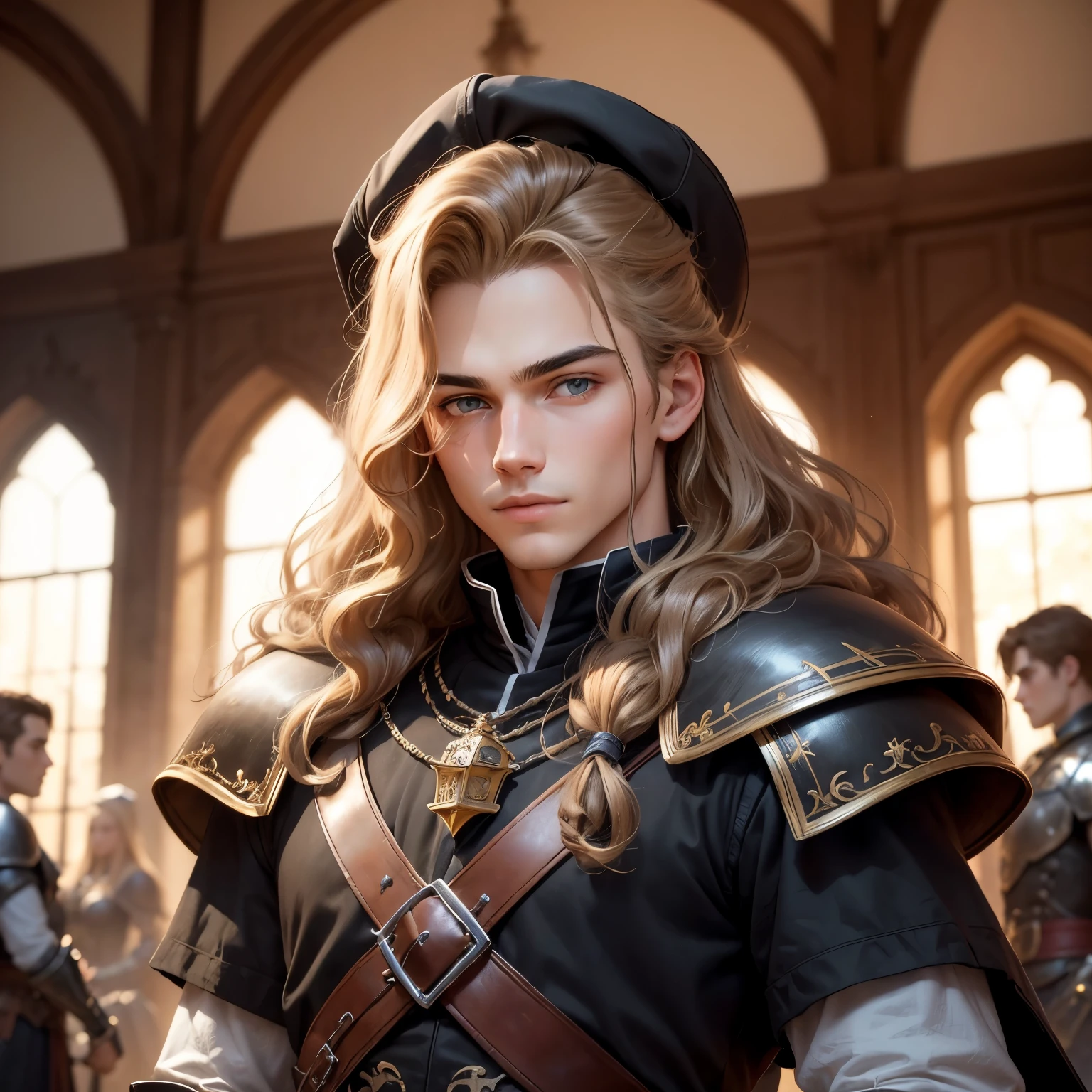 ((best qualityer)), ((work of art)), (detailded), 8k, 4K, hight contrast, work of art,  Meticulous attention to facial features and hair strands,  young man, an adventurous man with long curly blond hair,black mantle,layer , Arms crossed pose ,battle costume ,slightly-smile,in the background a castle hall ,clear lighting, detailed shadows 