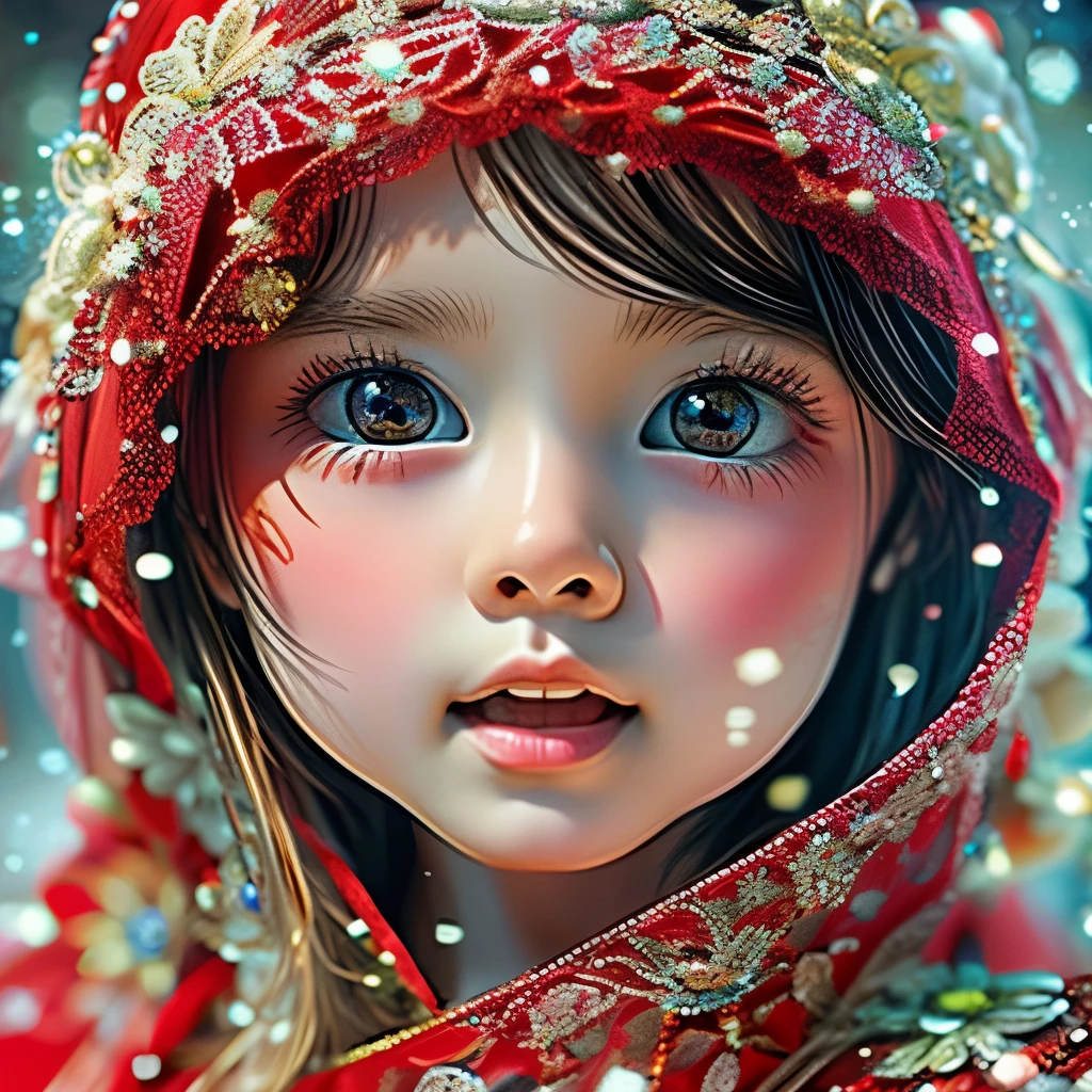 [Red] in White,(extremely delicate and beautiful Girl:1.2), complex details, enlarged textures, complex details, finely detailed eyes and detailed face, intricate details, (Dynamic LifeLike Rendering), perfect eyes, Reflective eyes With Sparkling Highlights, perfect body, extremely detailed, (Child), extremely realistic (TopQuality Masterpiece 8K UltraDetailed (ProfessionalPHOTO:1.37))(Acutance:0.8), Snow Particles, 
