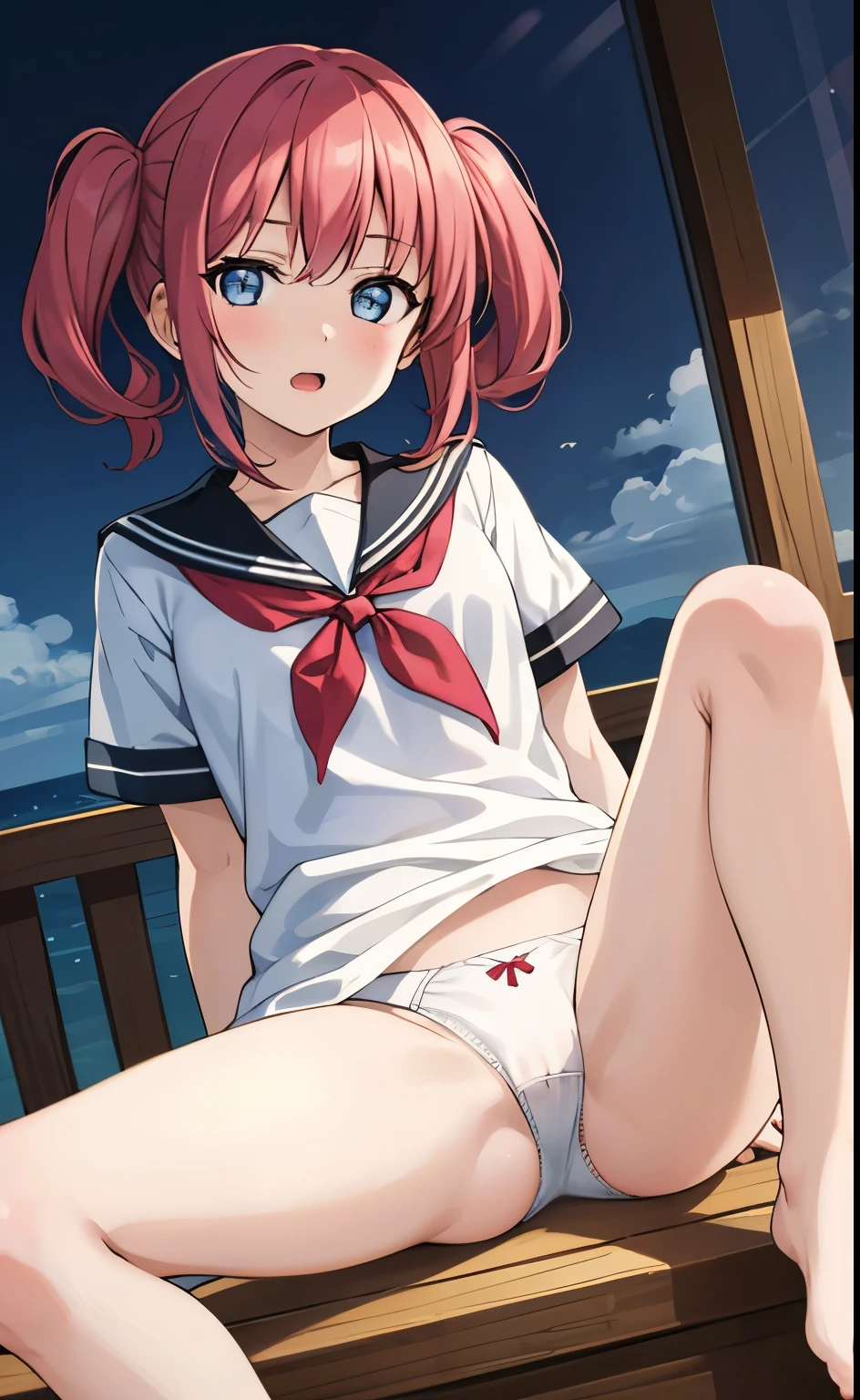 (masterpiece, best quality:1.2), 1girl, solo, scenery, illustration, looking at viewer, school, depth of filed, light on face, portrait, pink hair,
(white panties:1.5), (spread legs, open legs, knee up:1.3), naval, groin, perineum, leaning back, body tilt, open mouth, blush, small breasts, arms behind back, cowboy shot, dutch angle,