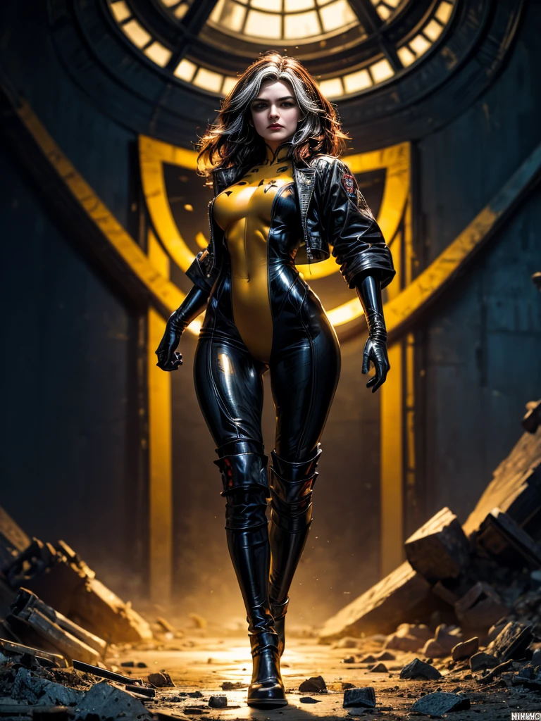 Rachel Weisz、masterpiece、High quality 4K、villain (X-Men)、Gothic Girl、Sculpted Body Gothic Makeup、Black jacket、Red and blue bodysuit、masterpiece、Highest quality、Cowboy Shots、One personの女の子、One person、Technology Military Bodysuit、fringe