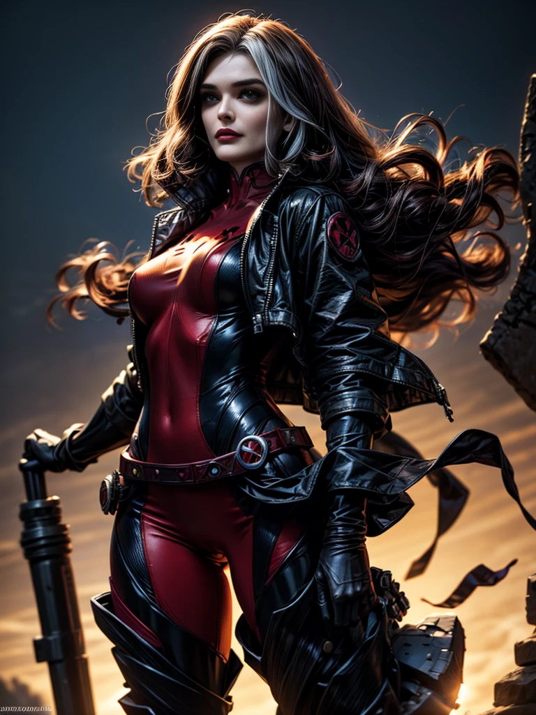 Rachel Weisz、masterpiece、High quality 4K、villain (X-Men)、Gothic Girl、Sculpted Body Gothic Makeup、Black jacket、Red and blue bodysuit、masterpiece、Highest quality、Cowboy Shots、One personの女の子、One person、Technology Military Bodysuit、fringe