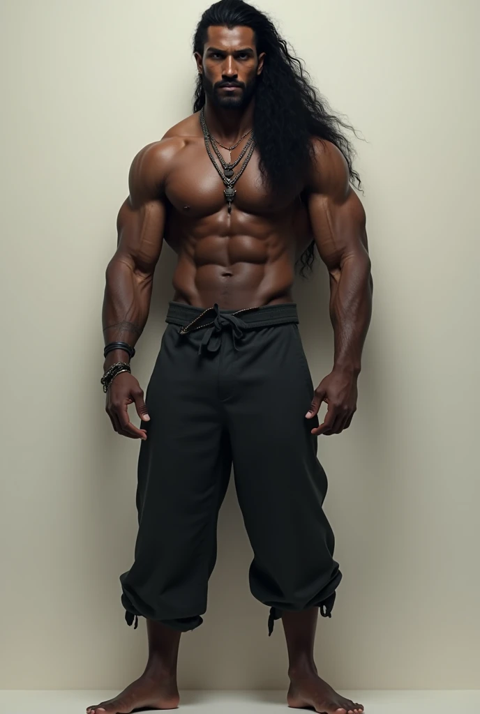 Black man with Indian features, with hair long to the waist, athletic body