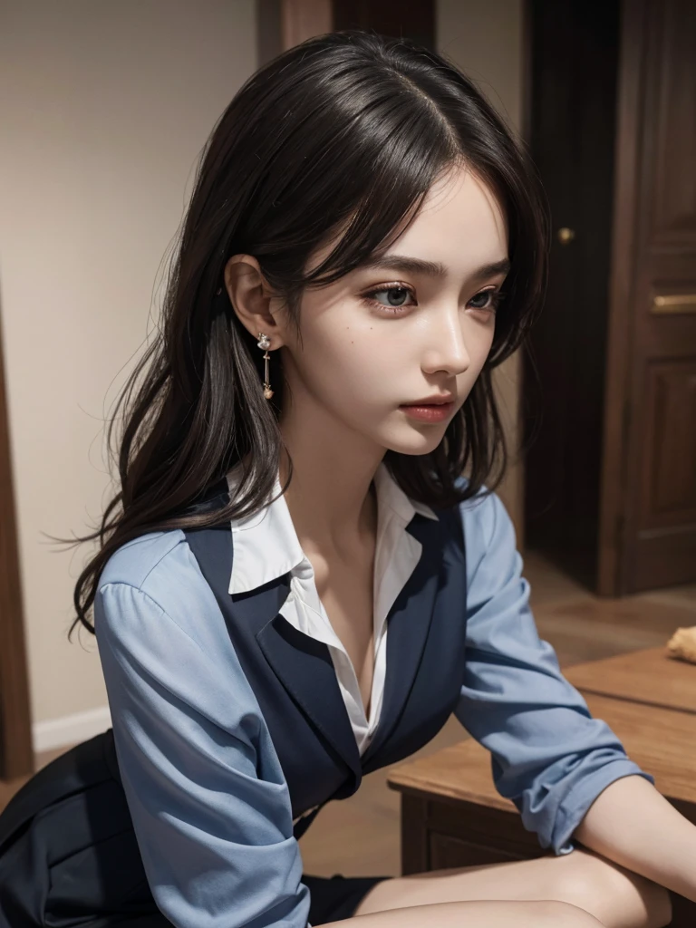 absurdres, RAW photo, extremely delicate and beautiful, masterpiece, Best Quality, ultra high resolution, 32k, hyper realistic, ultra-detailed, Very detailed CG 8k wallpaper, detailed background, landscape, Beautiful Lighting, Perfect Lightning, Realistic Shadows, perfect anatomy, anatomically correct, ideal ratio body proportions, perfect figure, Perfect Style, Perfect balance, super Detailed skin, in her 10s, very Slim body, narrow waist, very small head, very small face, delicate facial features, handsome detailed woman, very detailed eyes and face, realistic face proportions, Realistic beautiful face, Realistic beautiful eyes, tearful mole, earring, whole body shot, whole legs, (very huge round tits), medium short hair, asymmetrical hair, wavy hair, business suit, blazer, ((blouse)), skirt,